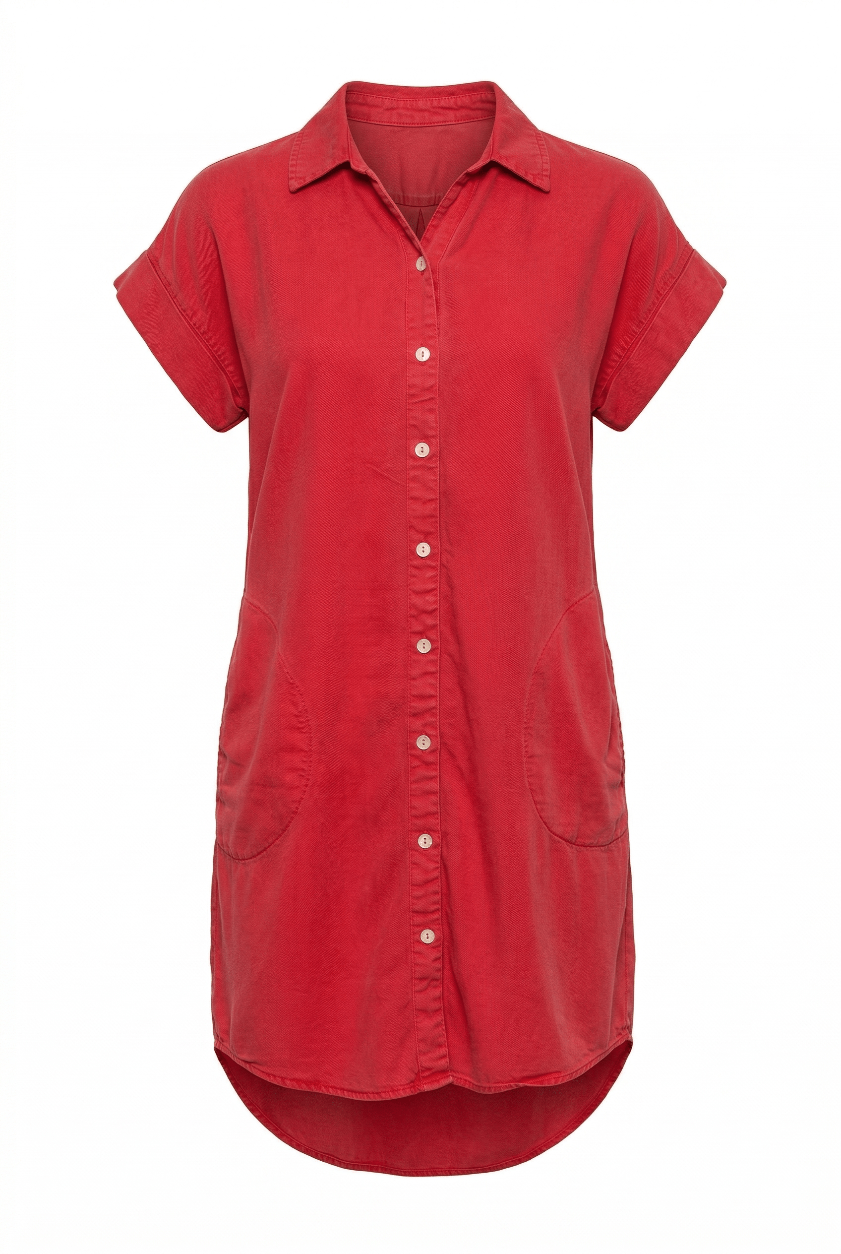 Red shirt dress with short sleeves on a white background