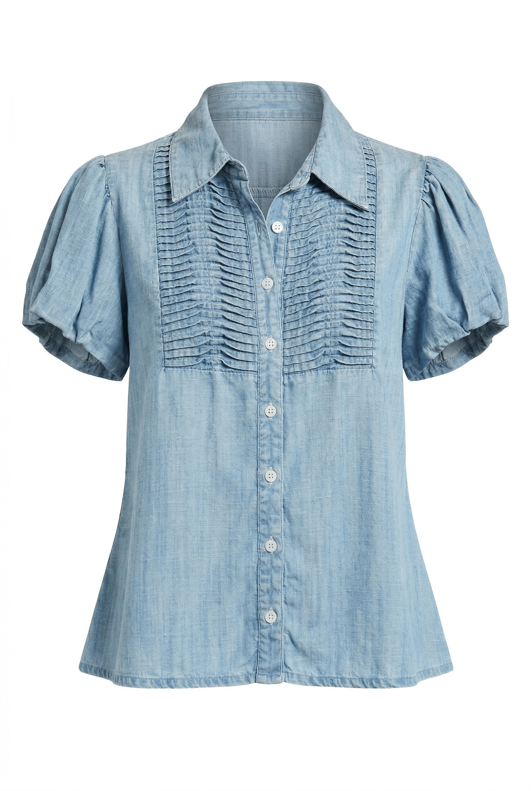 Light blue denim shirt with ruffled details on a white background