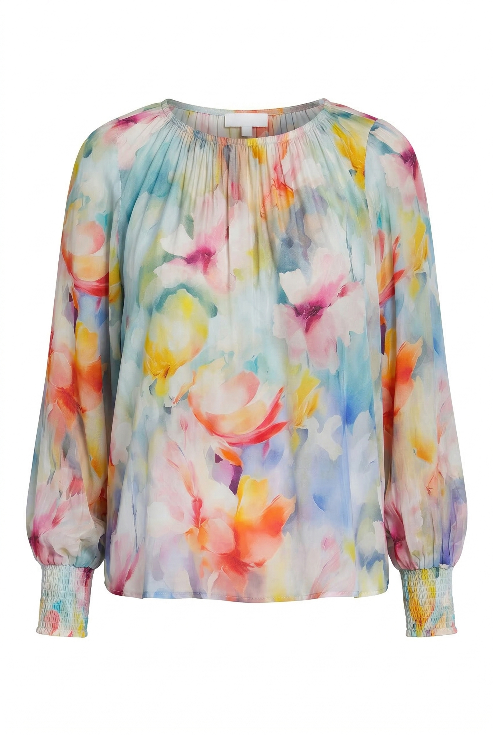 Colorful floral blouse on a white background