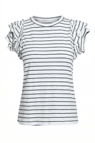 Black and white striped t-shirt with ruffled sleeves on a white background