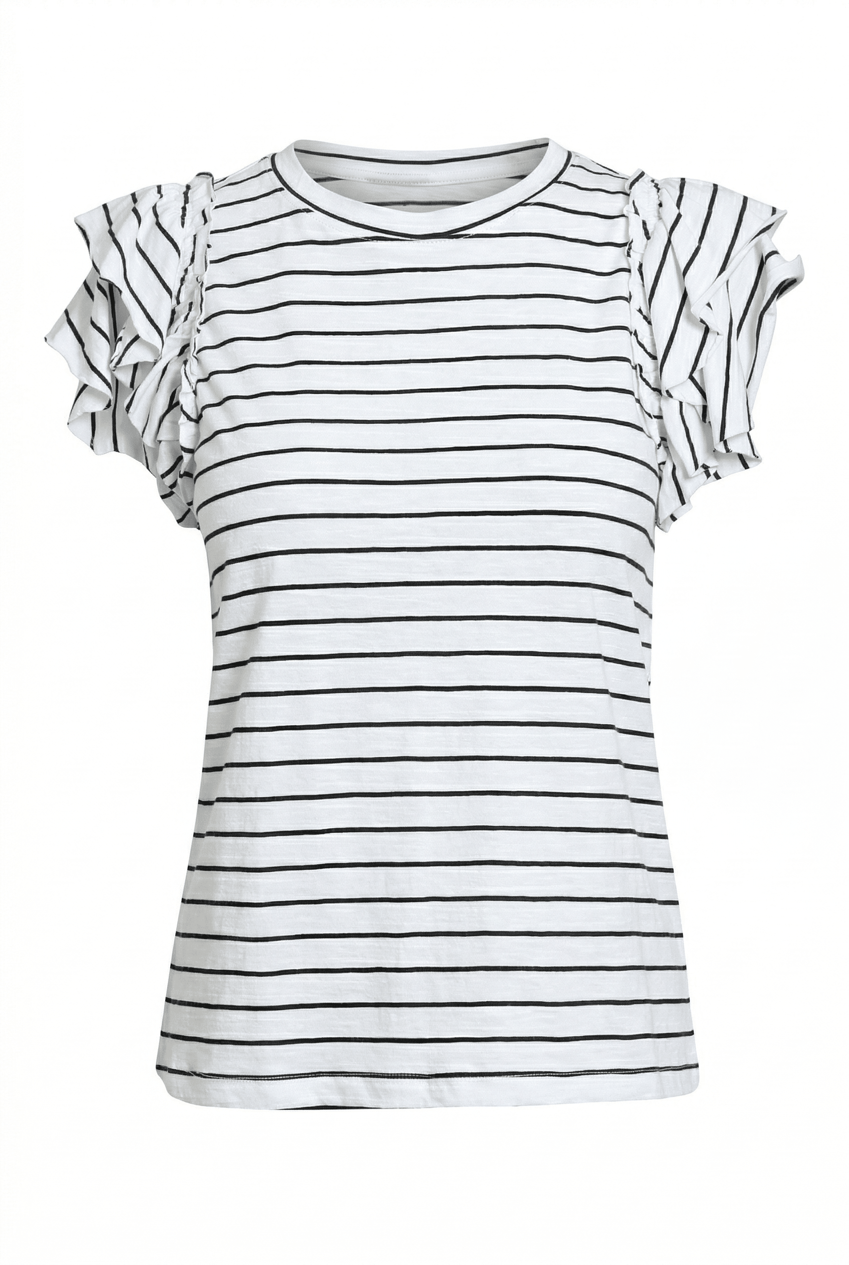 Black and white striped t-shirt with ruffled sleeves on a white background