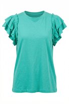 Teal top with ruffled sleeves on a white background