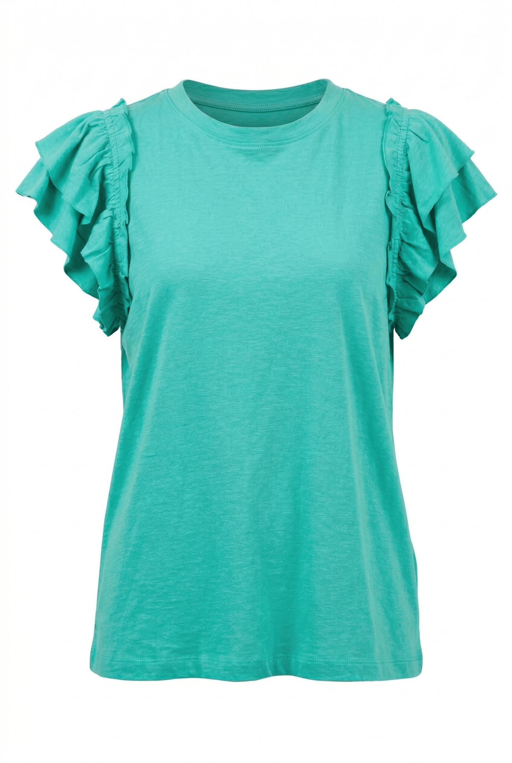 Teal top with ruffled sleeves on a white background