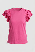 Pink ruffled blouse on a light gray background