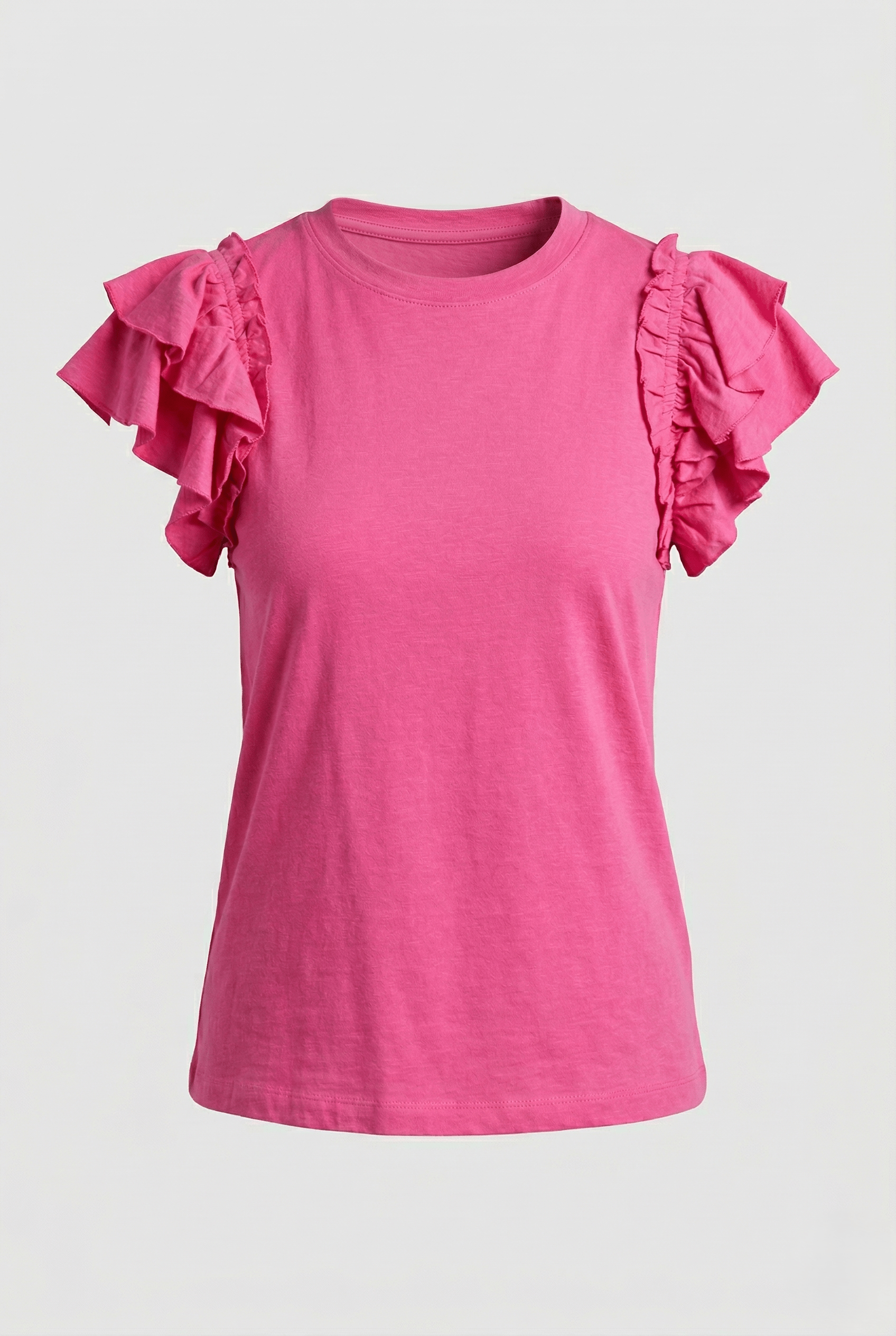 Pink ruffled blouse on a light gray background