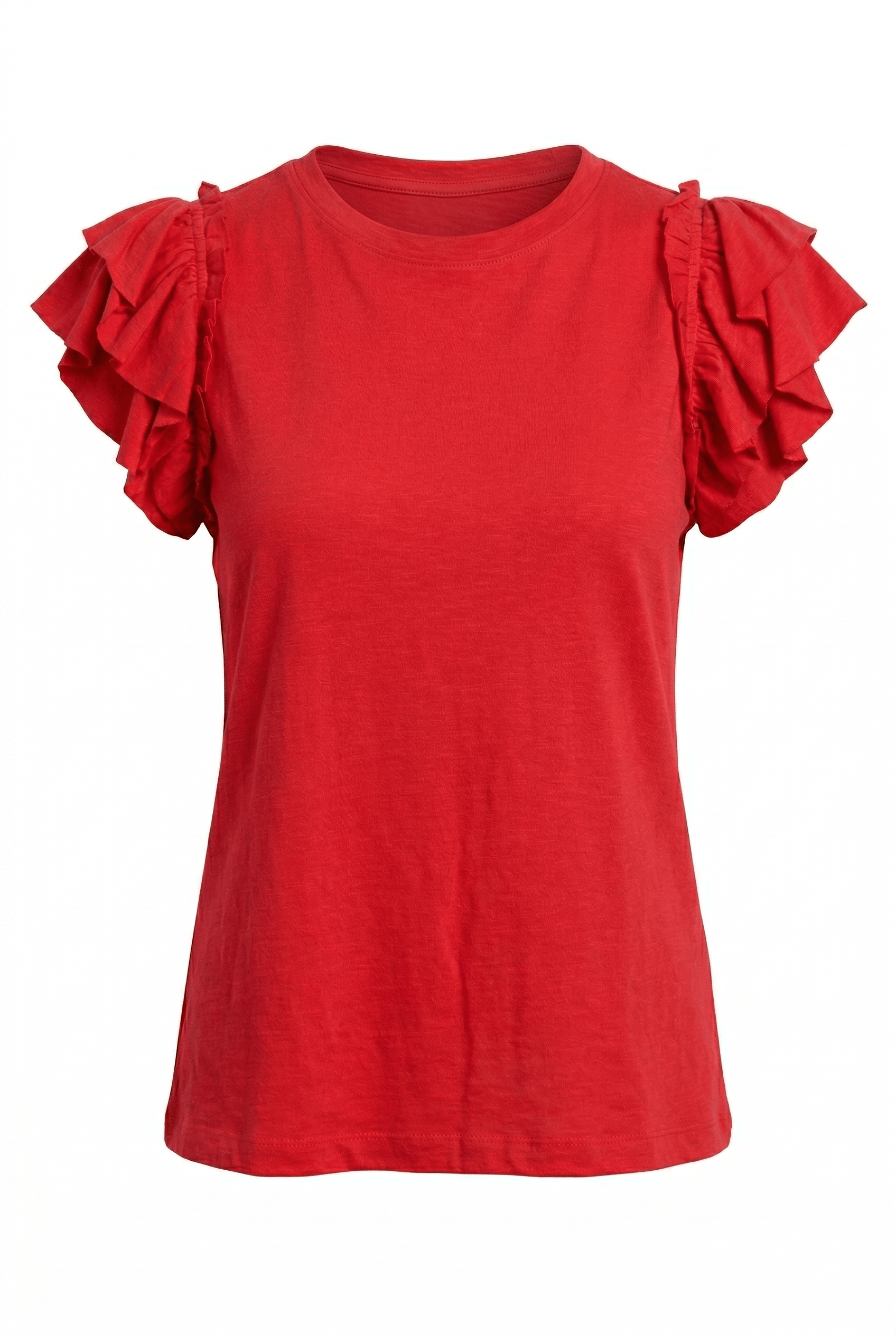 Red top with ruffled sleeves on a white background