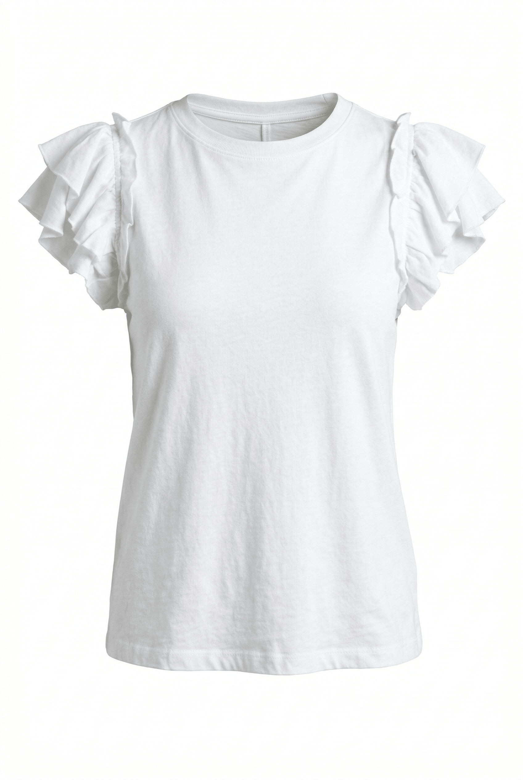 White t-shirt with ruffled sleeves on a white background