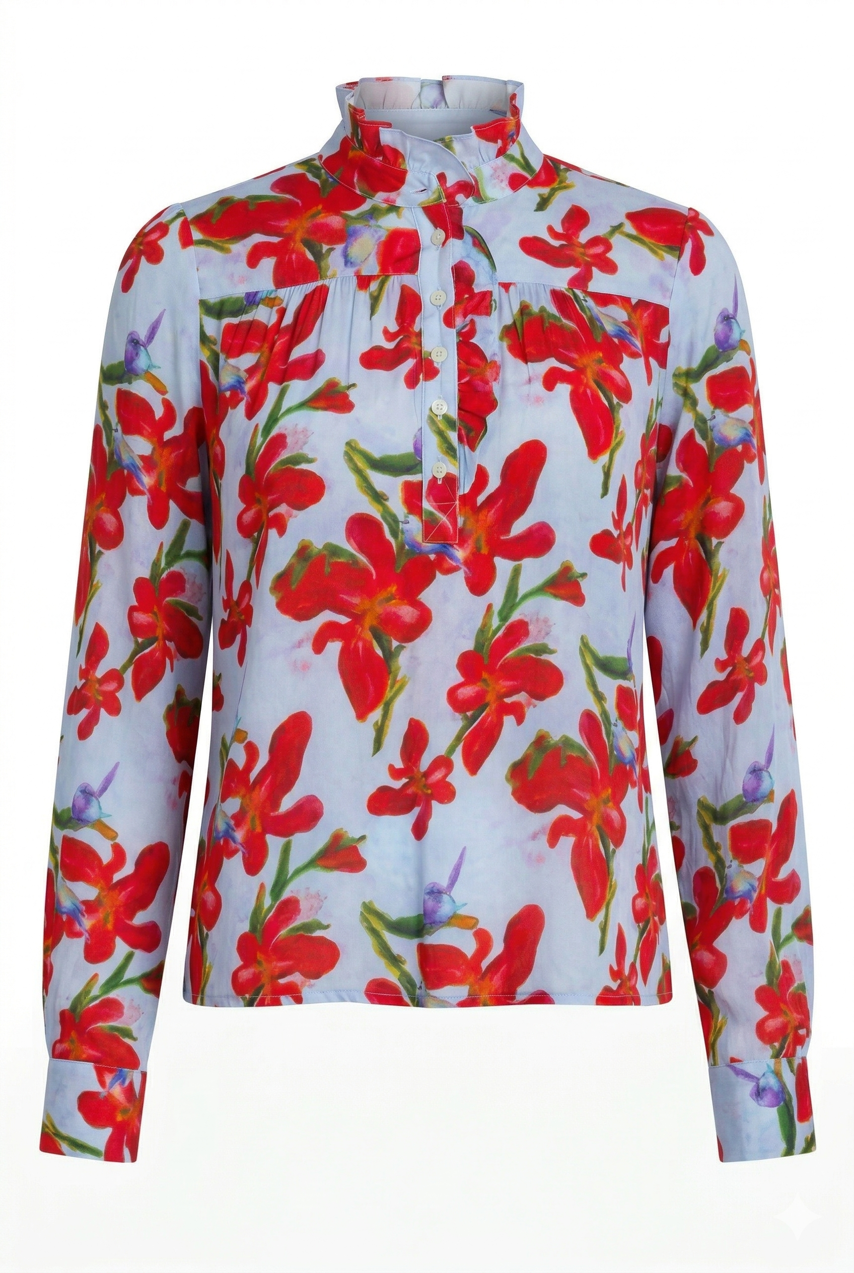 Floral patterned shirt with red flowers on a white background