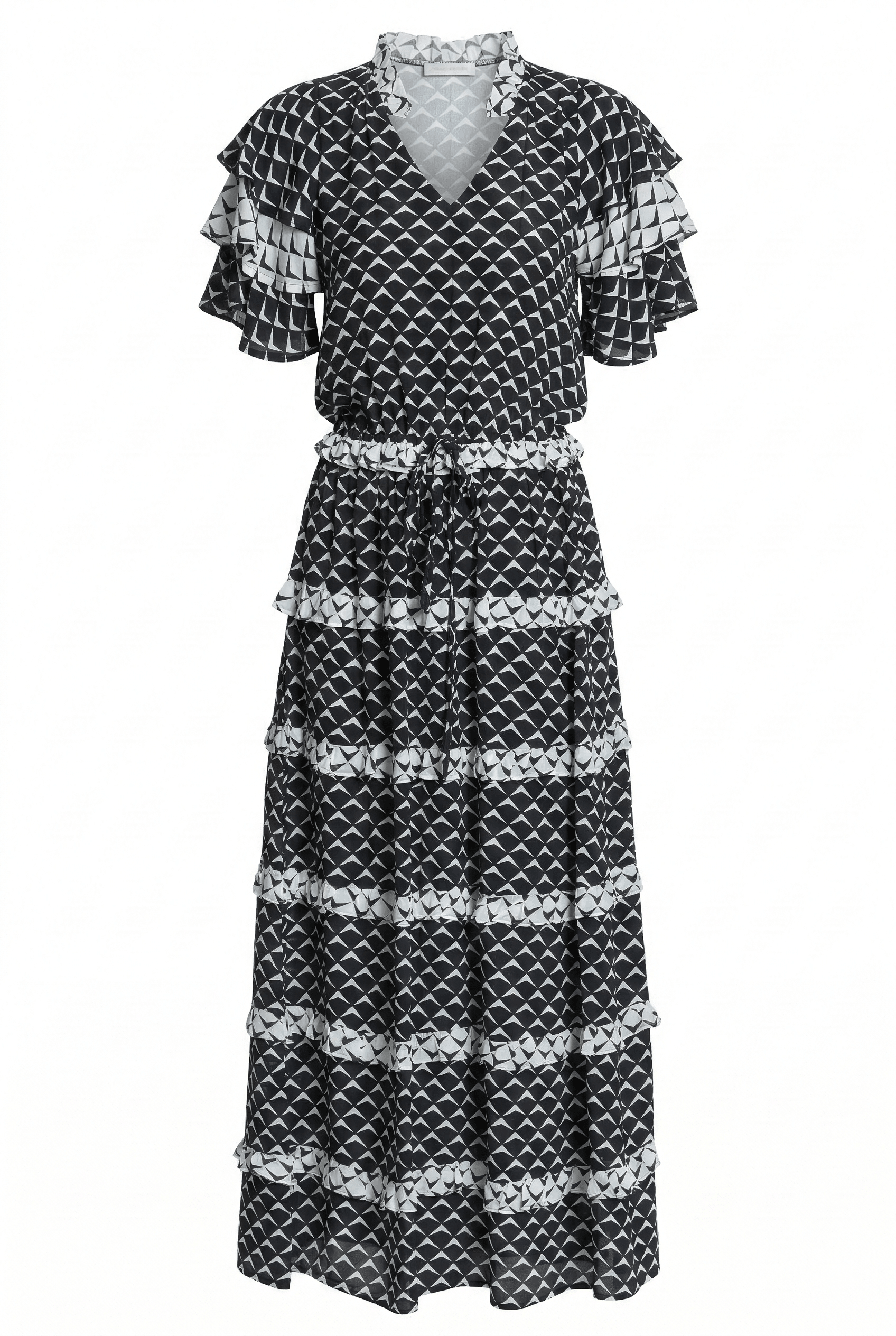 Black and white patterned dress with ruffled sleeves on a white background