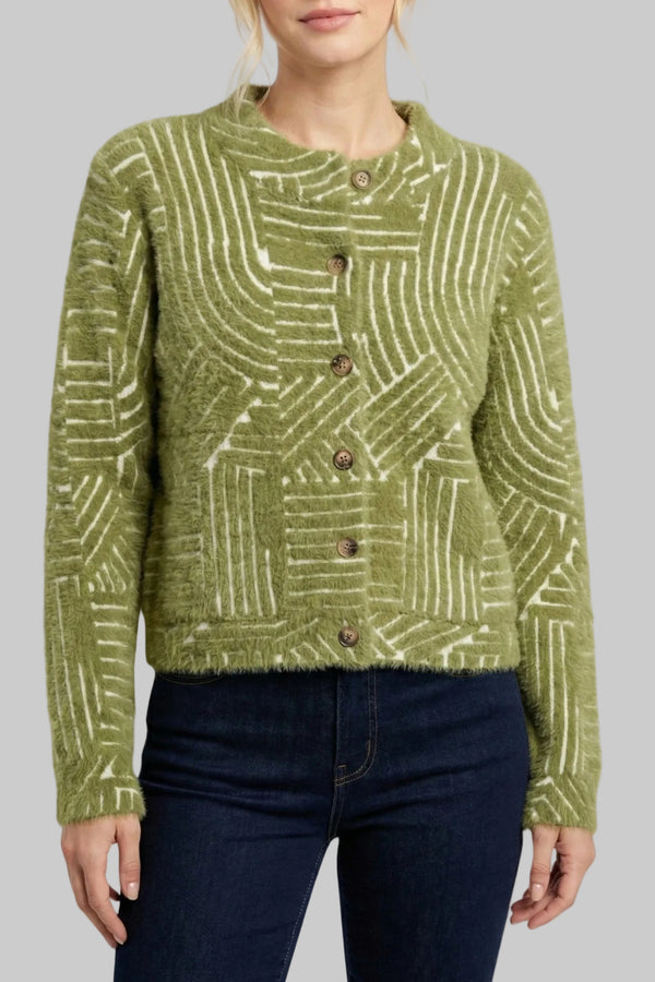 Abstract Line Grid Cropped Cozy Cardigan