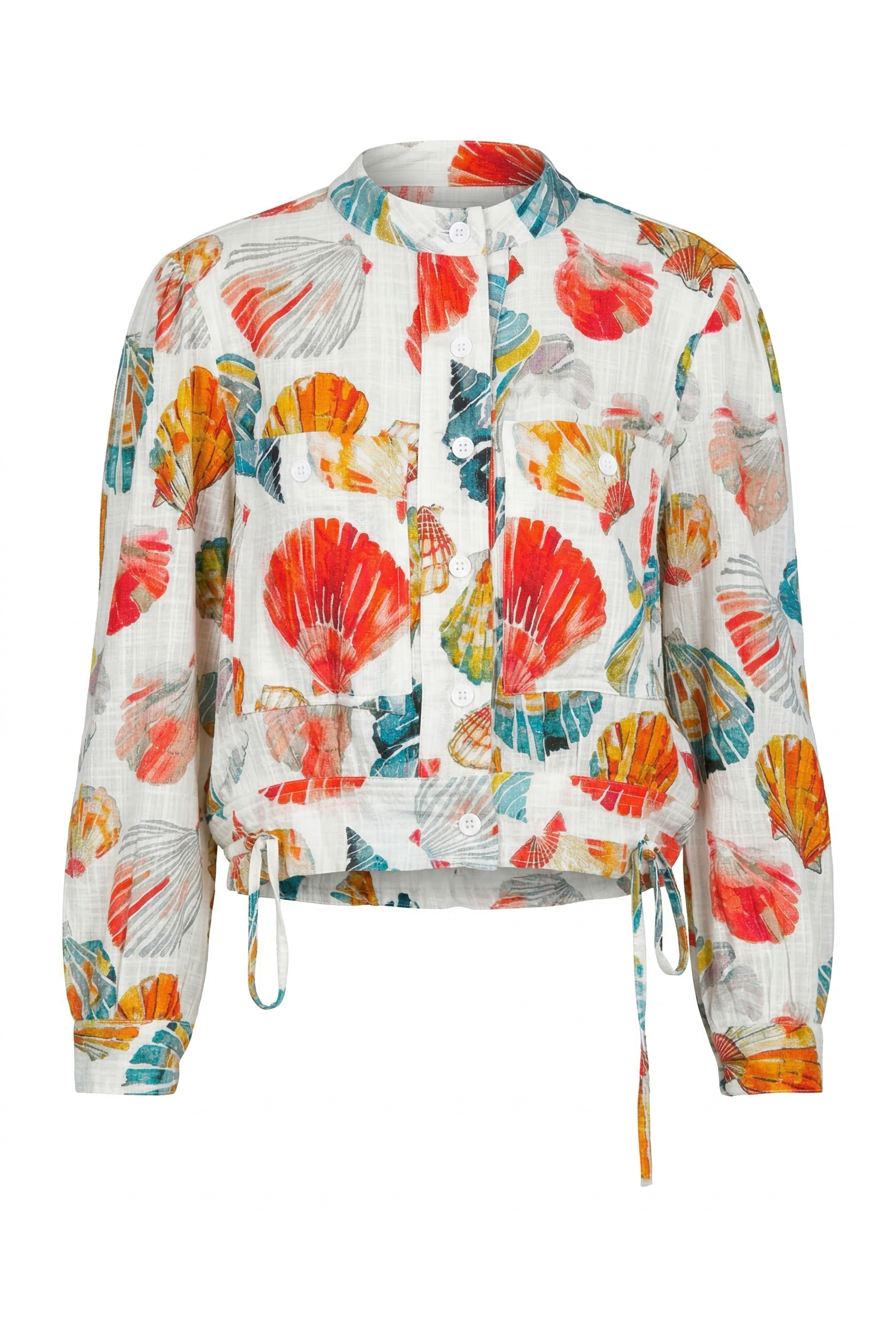 Colorful floral-patterned jacket on a white background