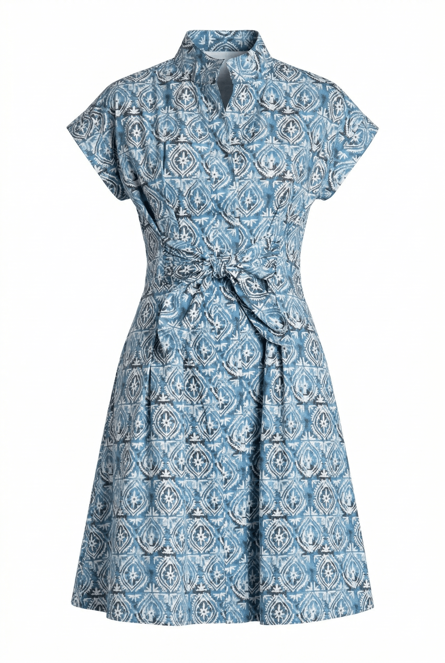 shirt dress patterned Navy Geometric Print with Belt Featuring a flattering geometric print and pearl Short Sleeve Shirt Dress With