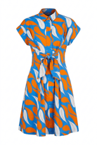 Blue dress with orange and white abstract pattern on a white background
