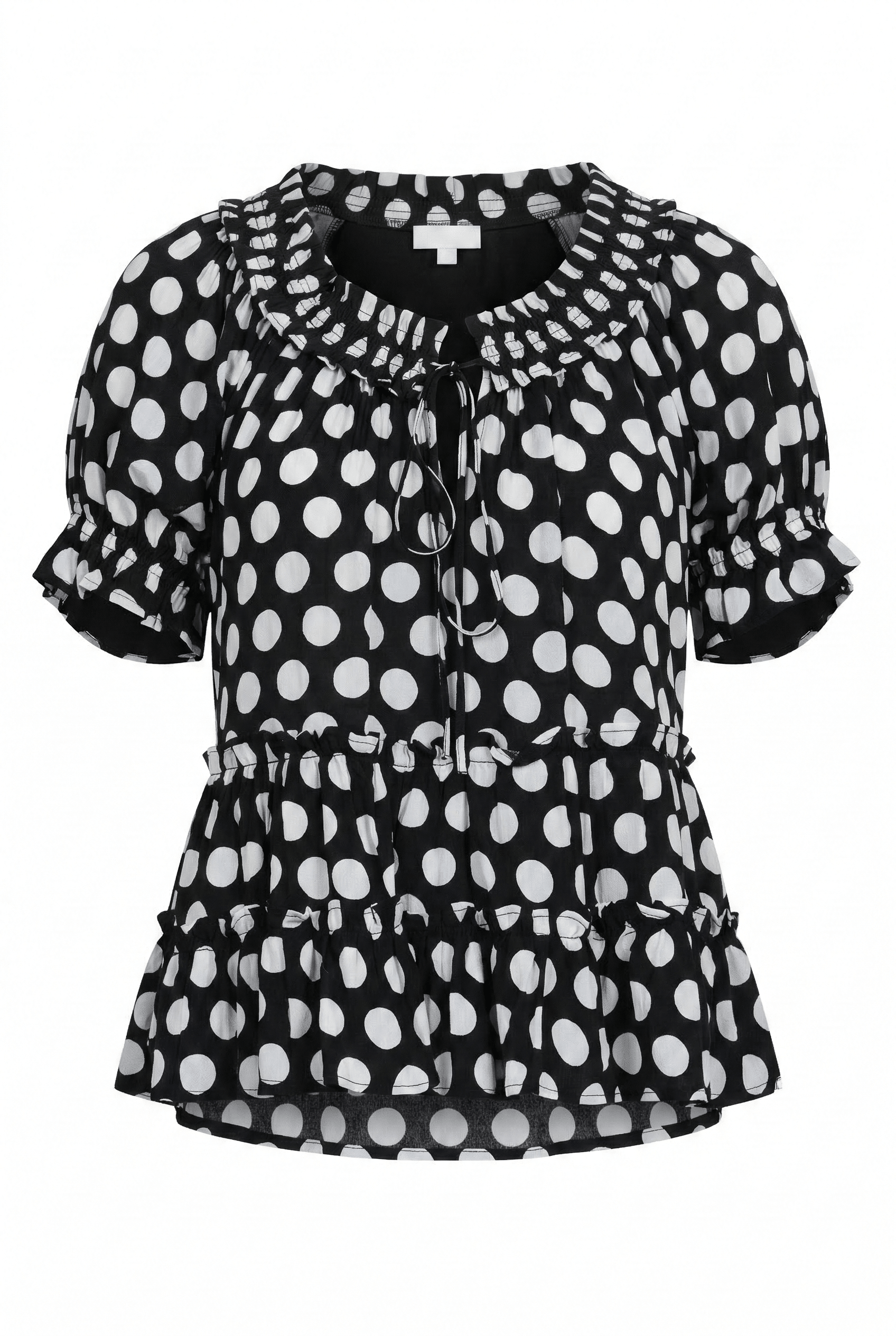 Black blouse with white polka dot pattern on a white background