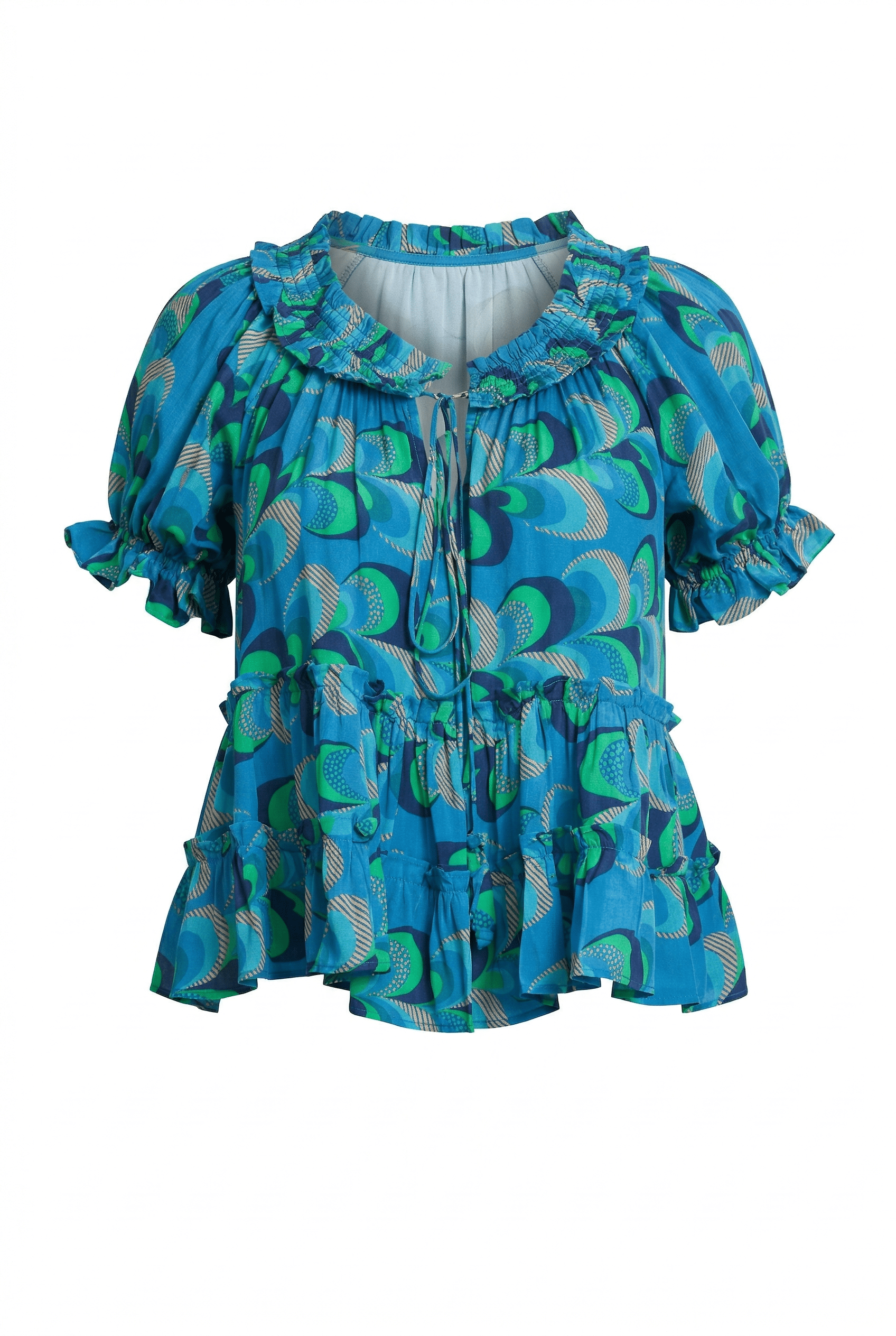 Blue patterned blouse on a white background