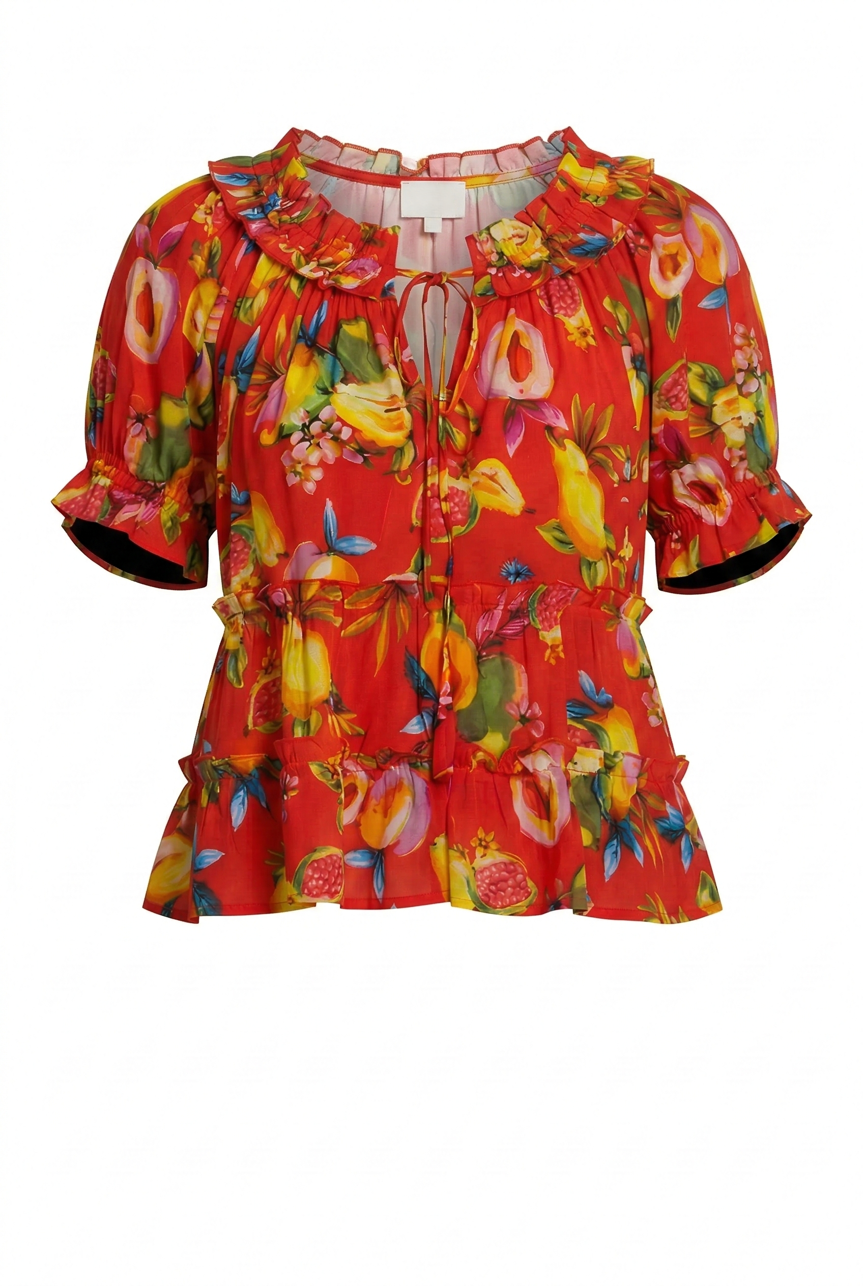 Red floral blouse with colorful patterns on a white background