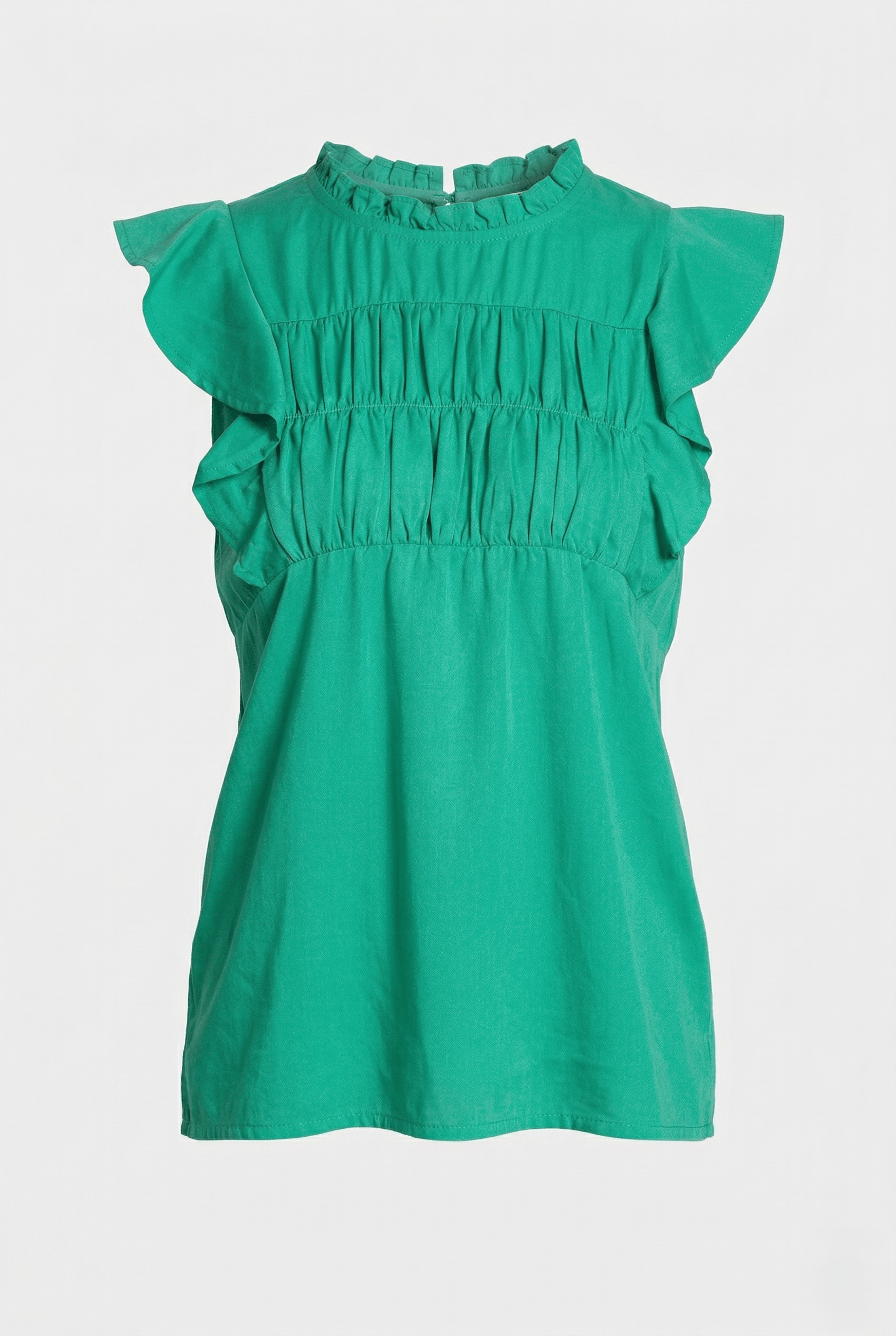 Green top with ruffled sleeves on a light gray background