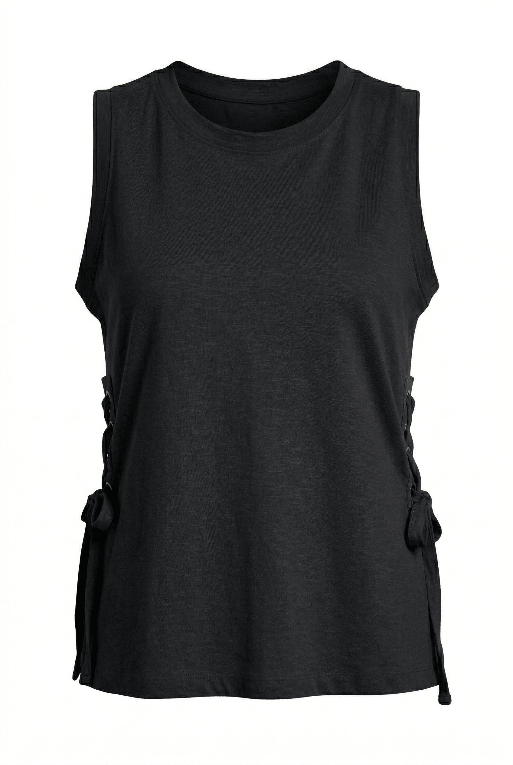 Black sleeveless top with side slits on a white background