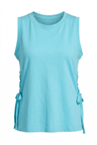 Light blue sleeveless top with ruched sides on a white background