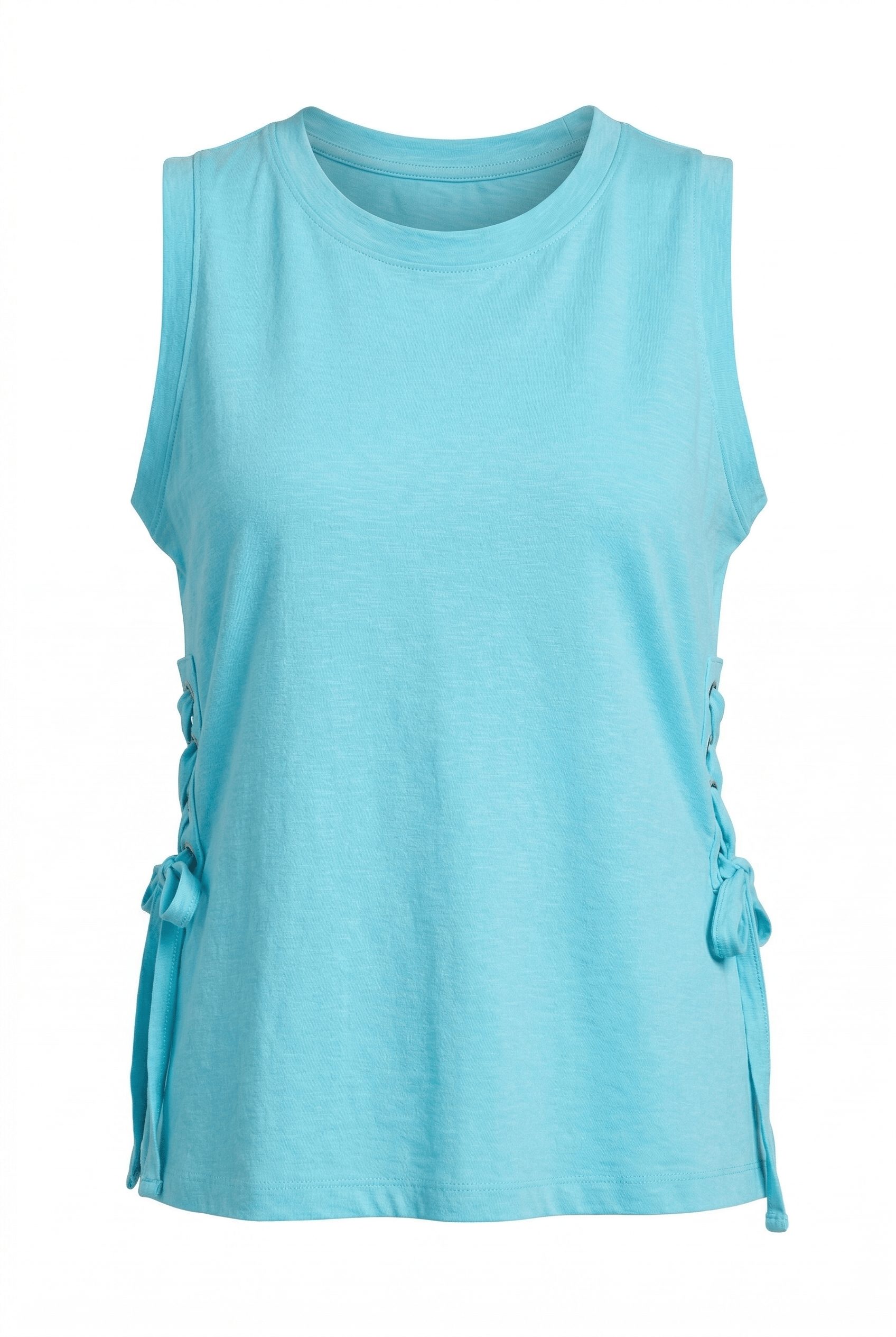 Light blue sleeveless top with ruched sides on a white background