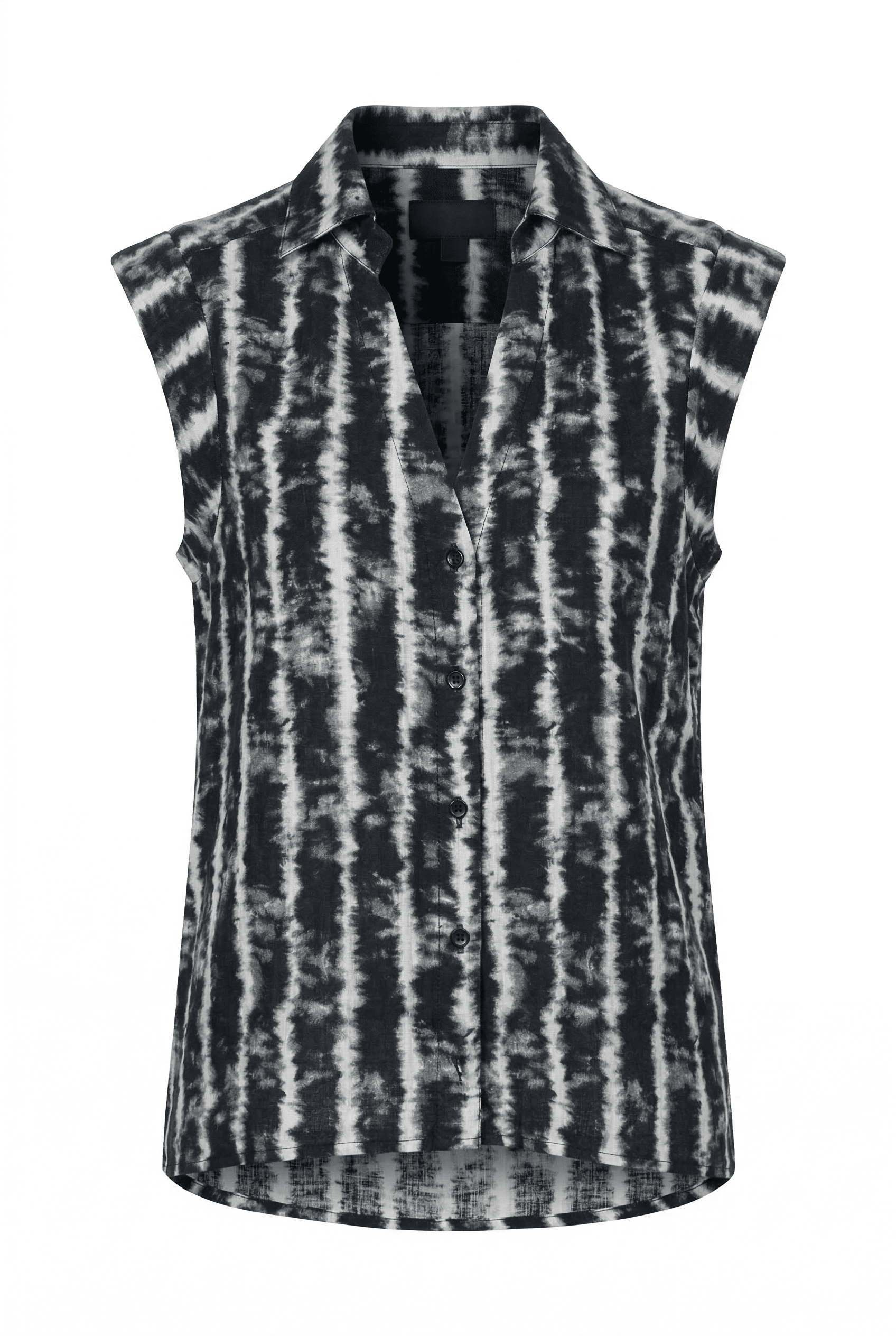 Black and white tie-dye sleeveless shirt on a white background
