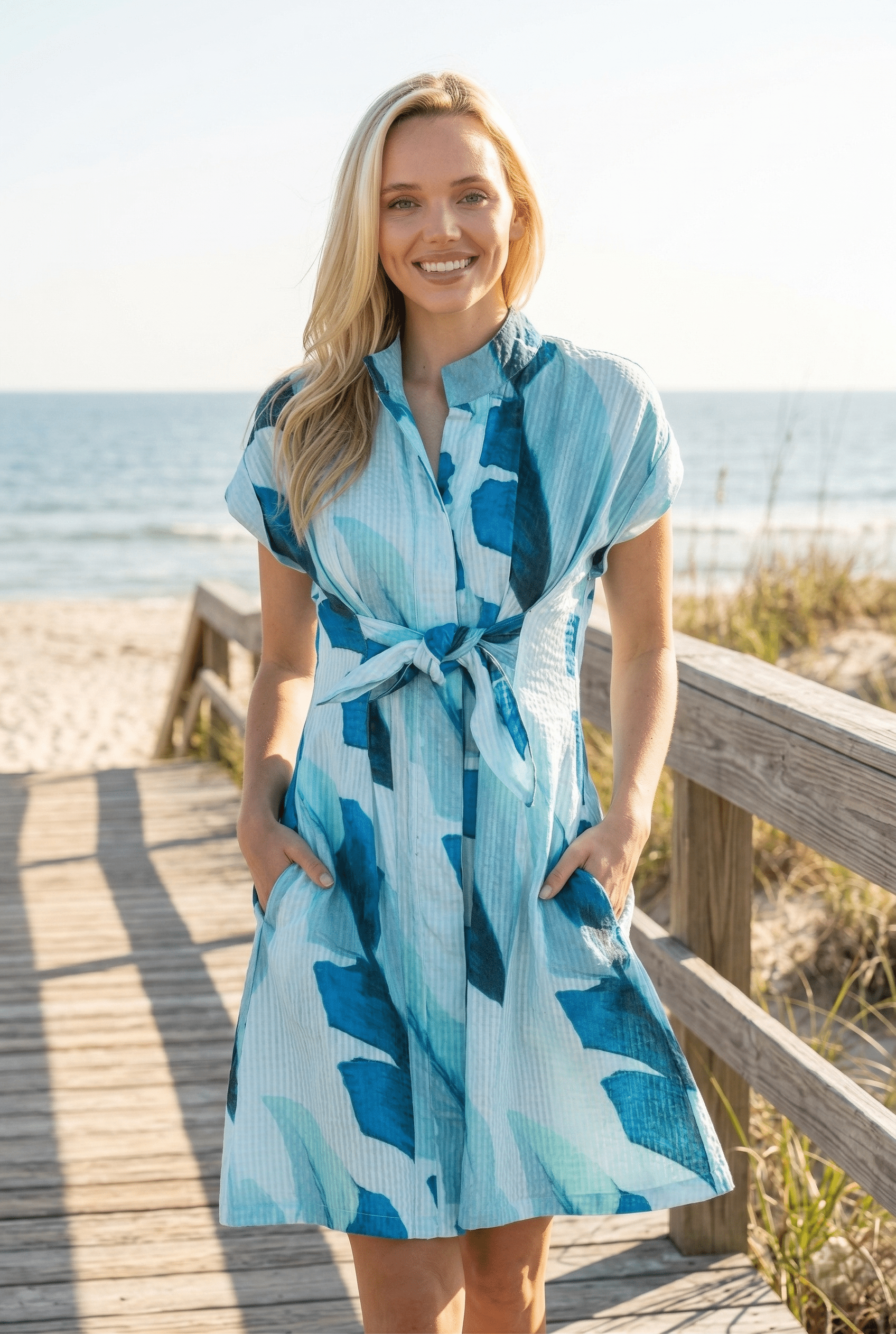 Short Sleeve Shirt Dress With Self Tie Lagoon Leaves / XL - Apny