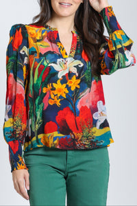 Split Neck Top With Smocked Cuffs