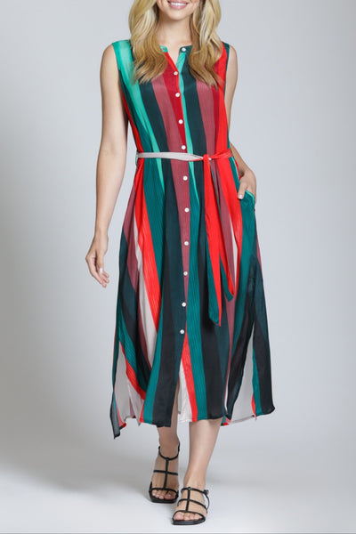 button down maxi sleeveless tank dress Apny Women's Stripe Belted Midi Shirtdress - Red