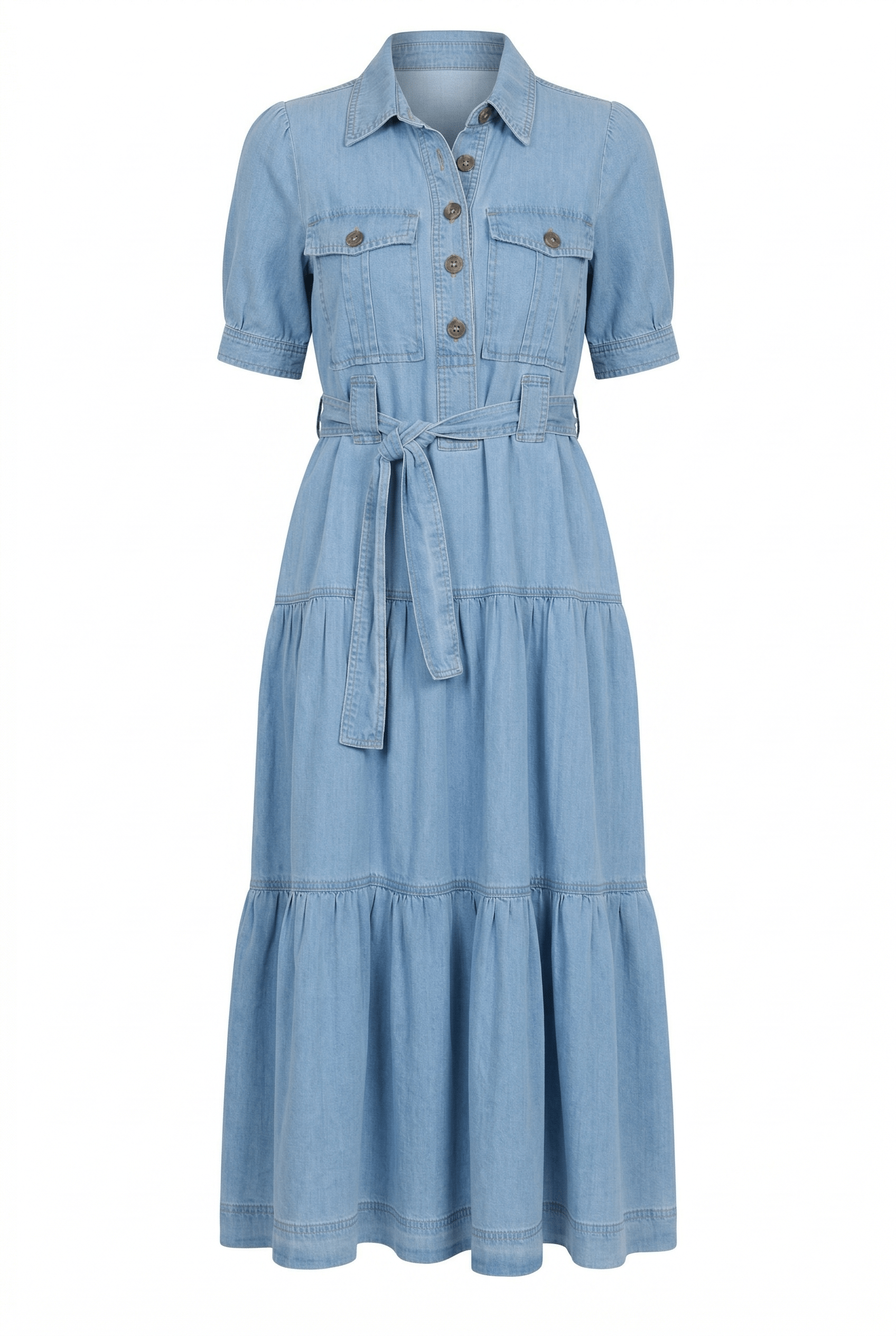 Blue denim dress with a belt on a white background