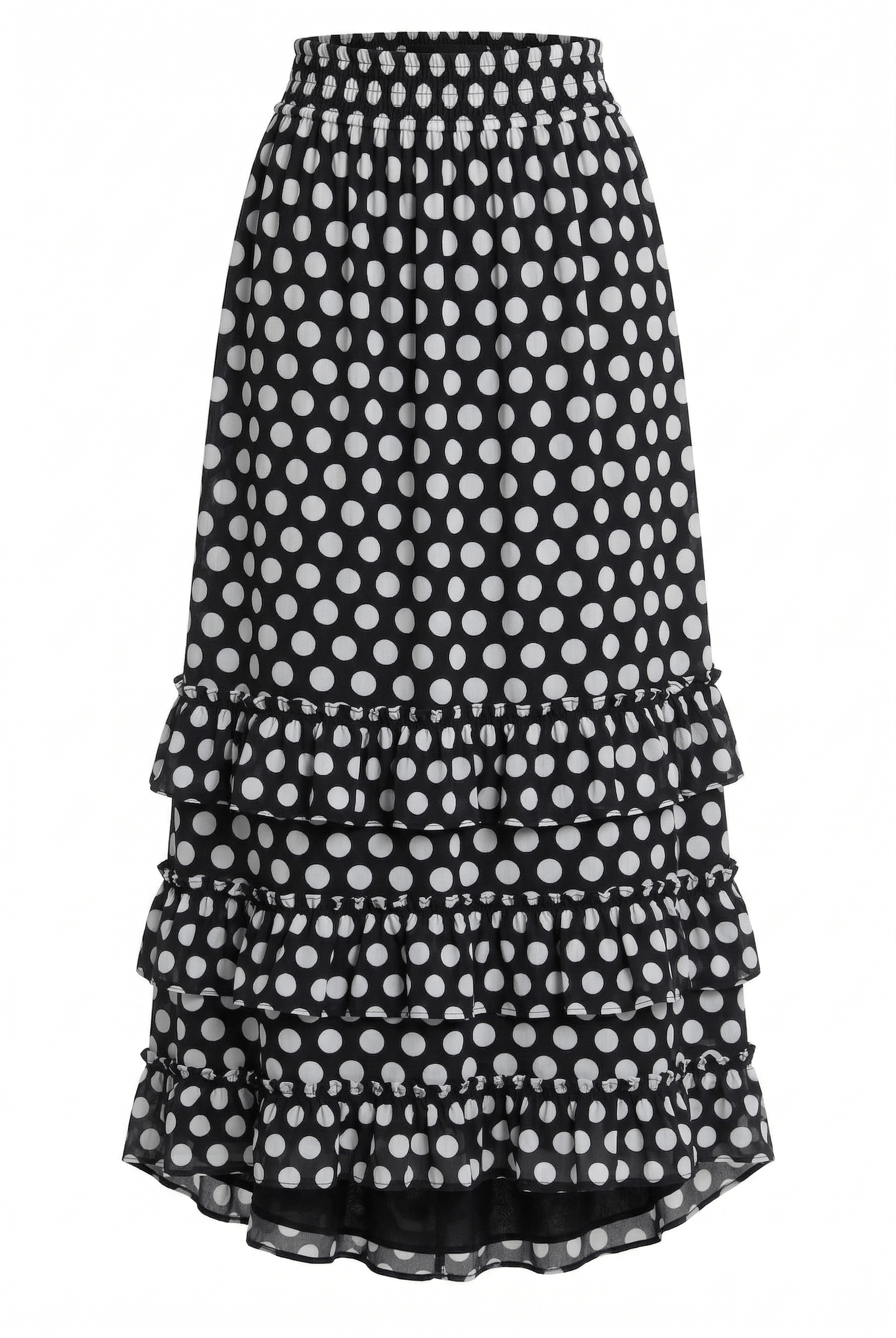 Black and white polka dot skirt with ruffled layers on a white background