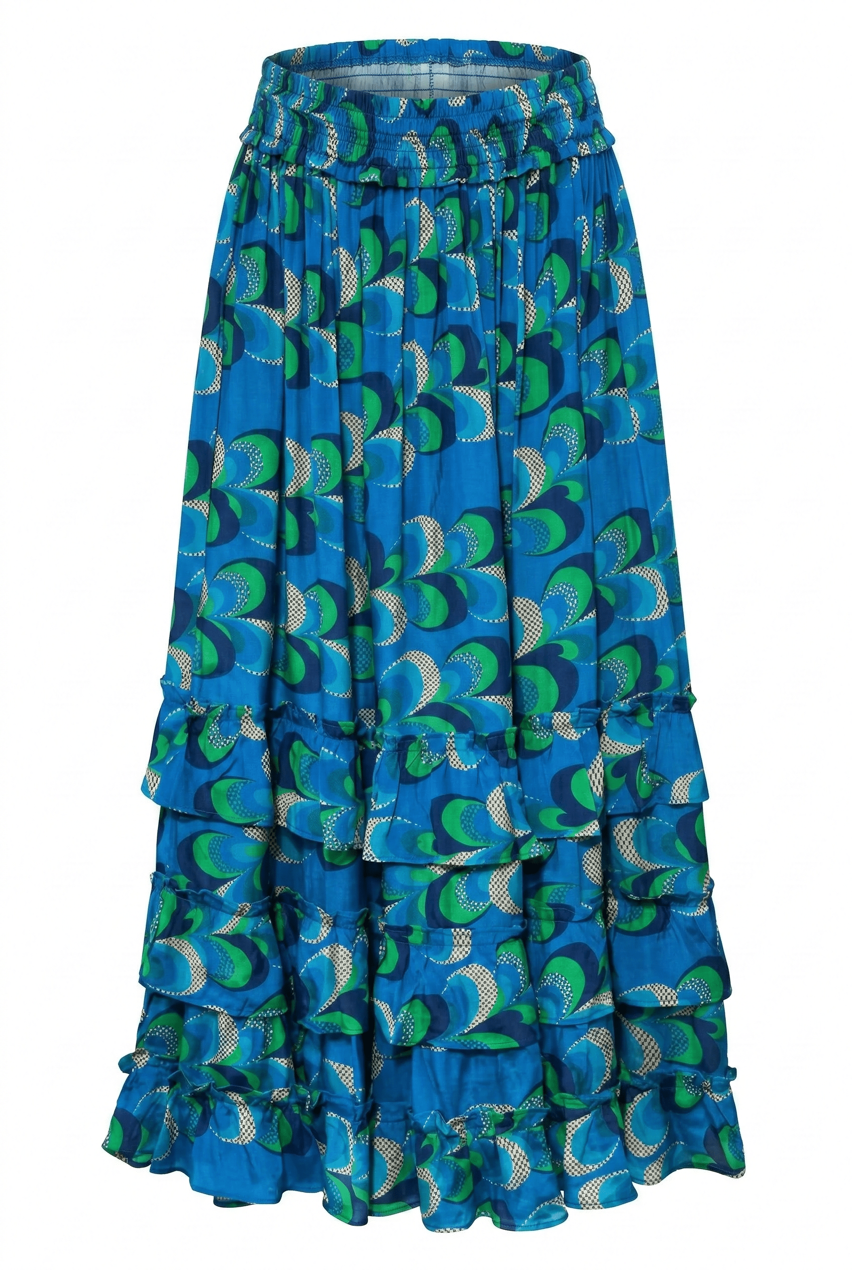 Blue and green patterned skirt on a white background