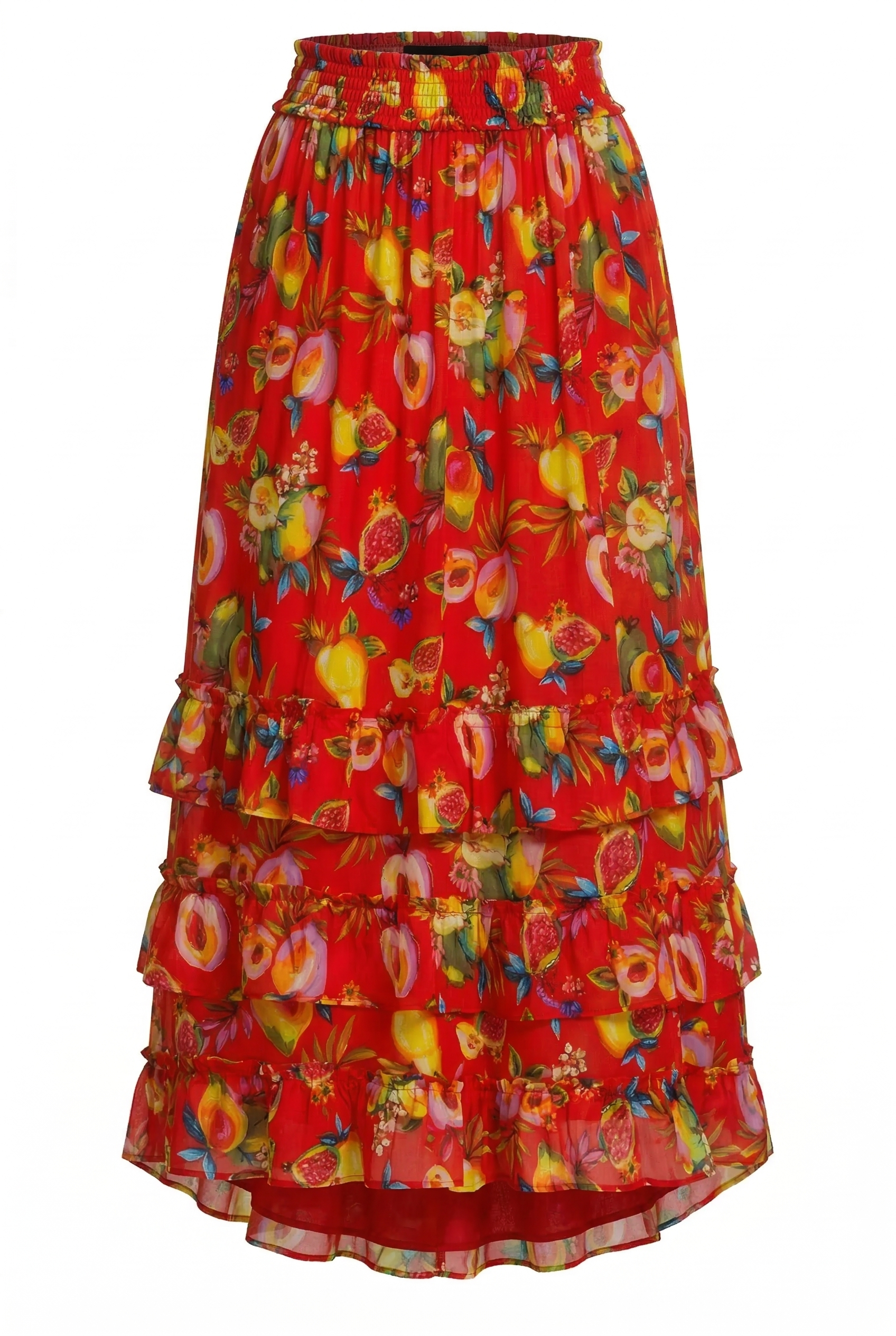 Red tiered skirt with colorful fruit and butterfly pattern on a white background
