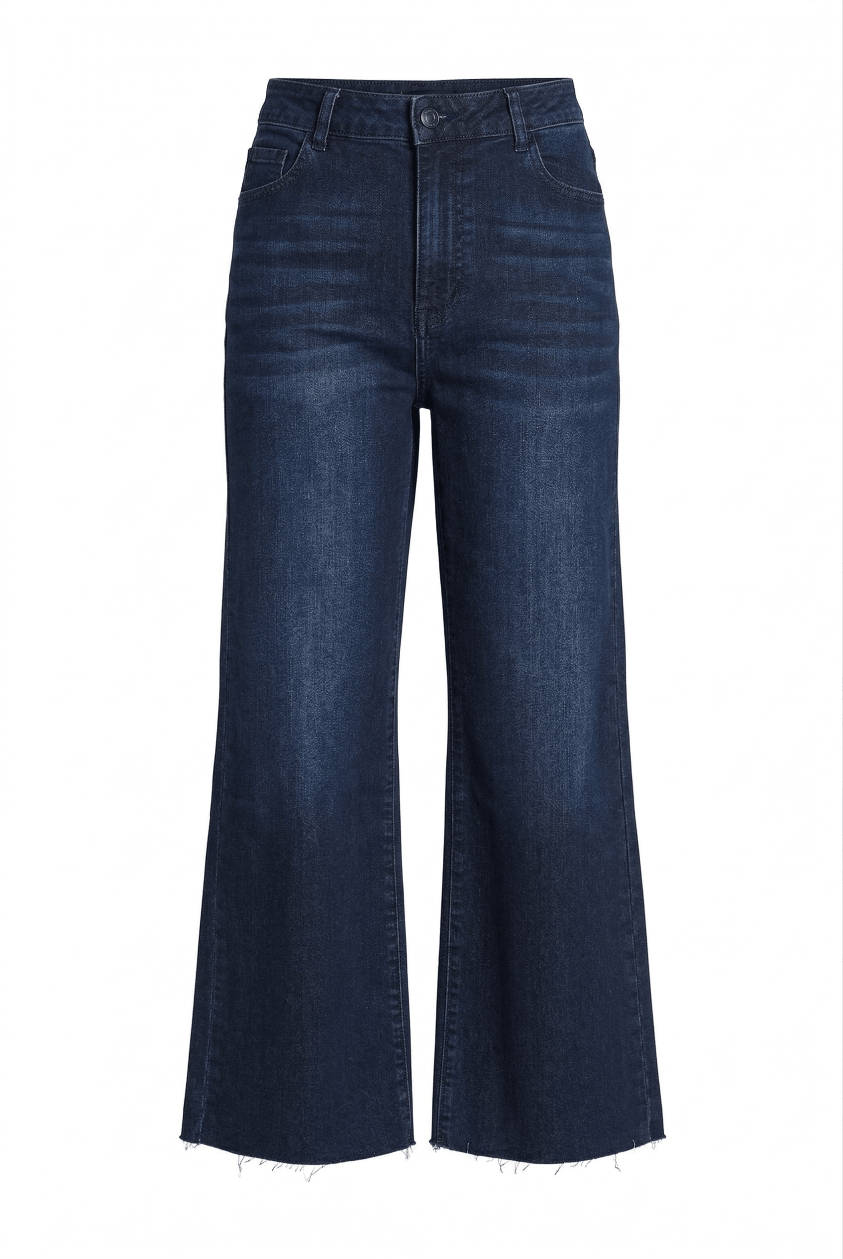 Pair of dark blue jeans on a white background