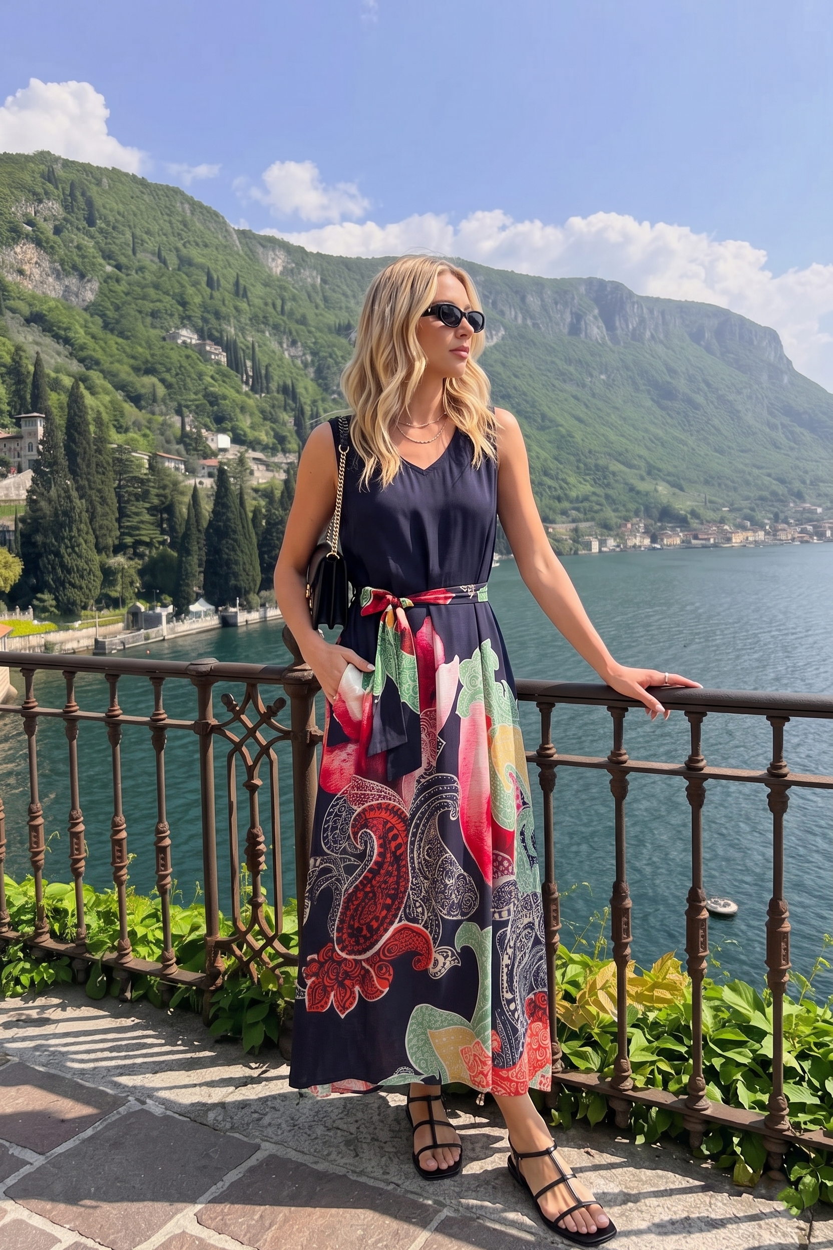 Woman in a colorful dress standing by a scenic lakeside with mountains in the background