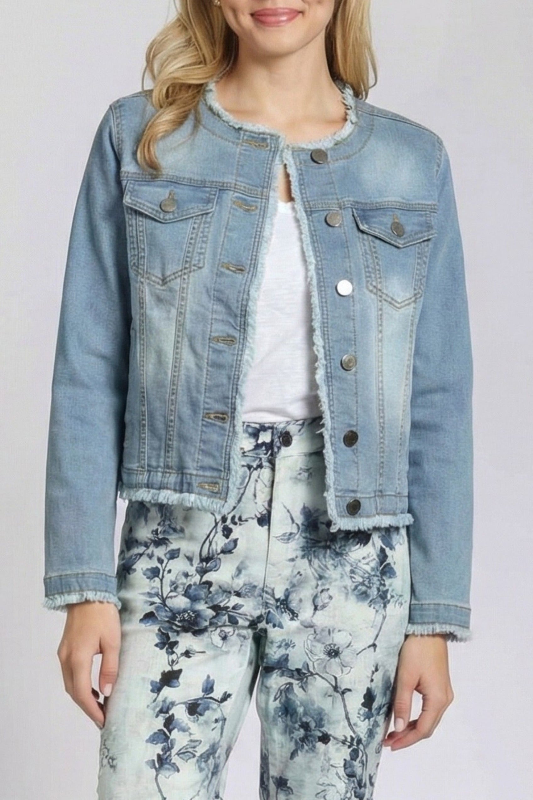 Collarless Jean Jacket with Frayed Detail | APNY