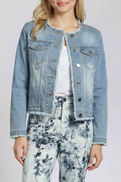 Collarless Jean Jacket with Frayed Detail | APNY