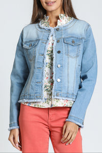Collarless Jean Jacket With Frayed Detail