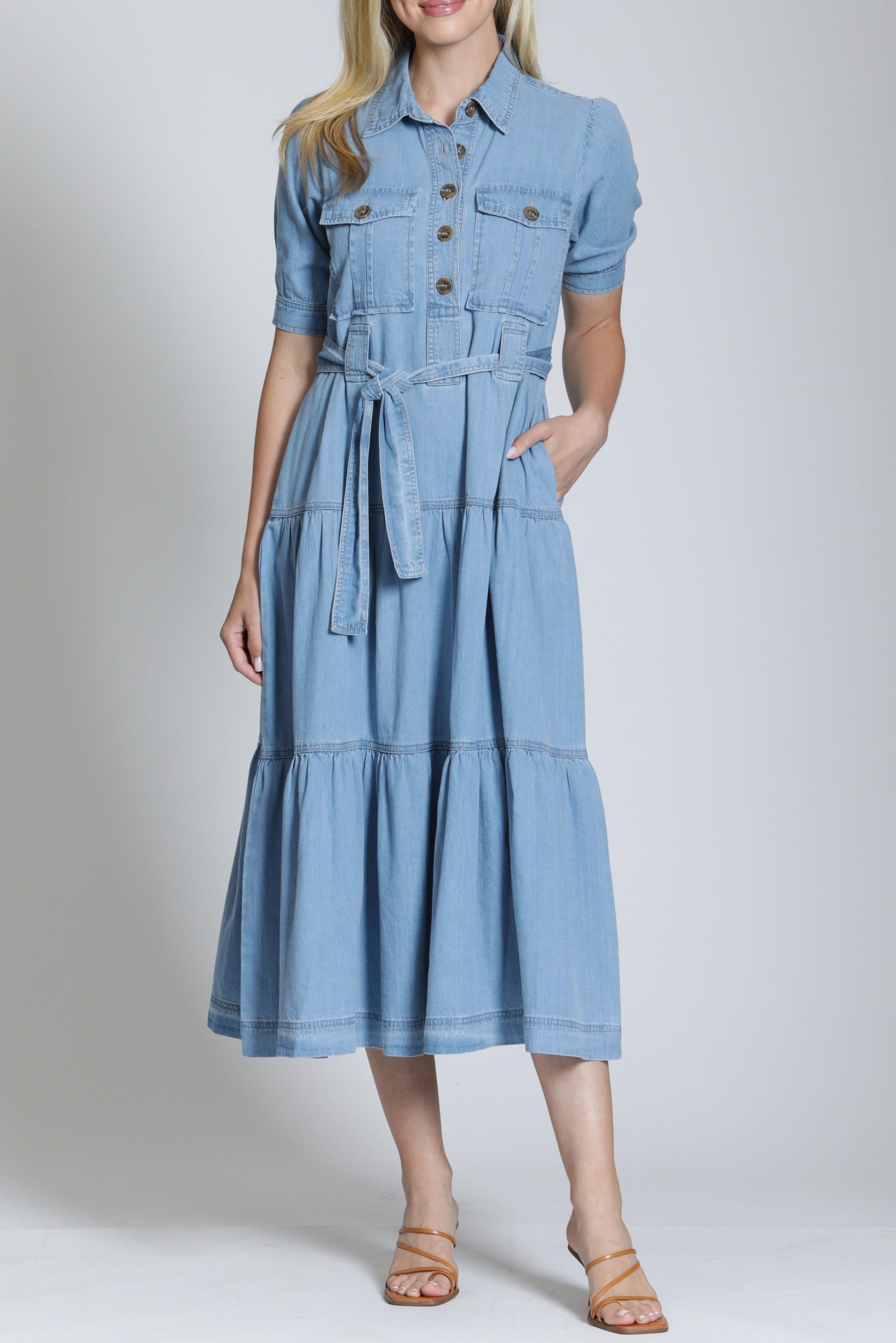 Tiered Dress With Front Patch Pocket Light Indigo / XL - APNY Tiered Dress With Front Patch Pocket Light Indigo / XL - APNY