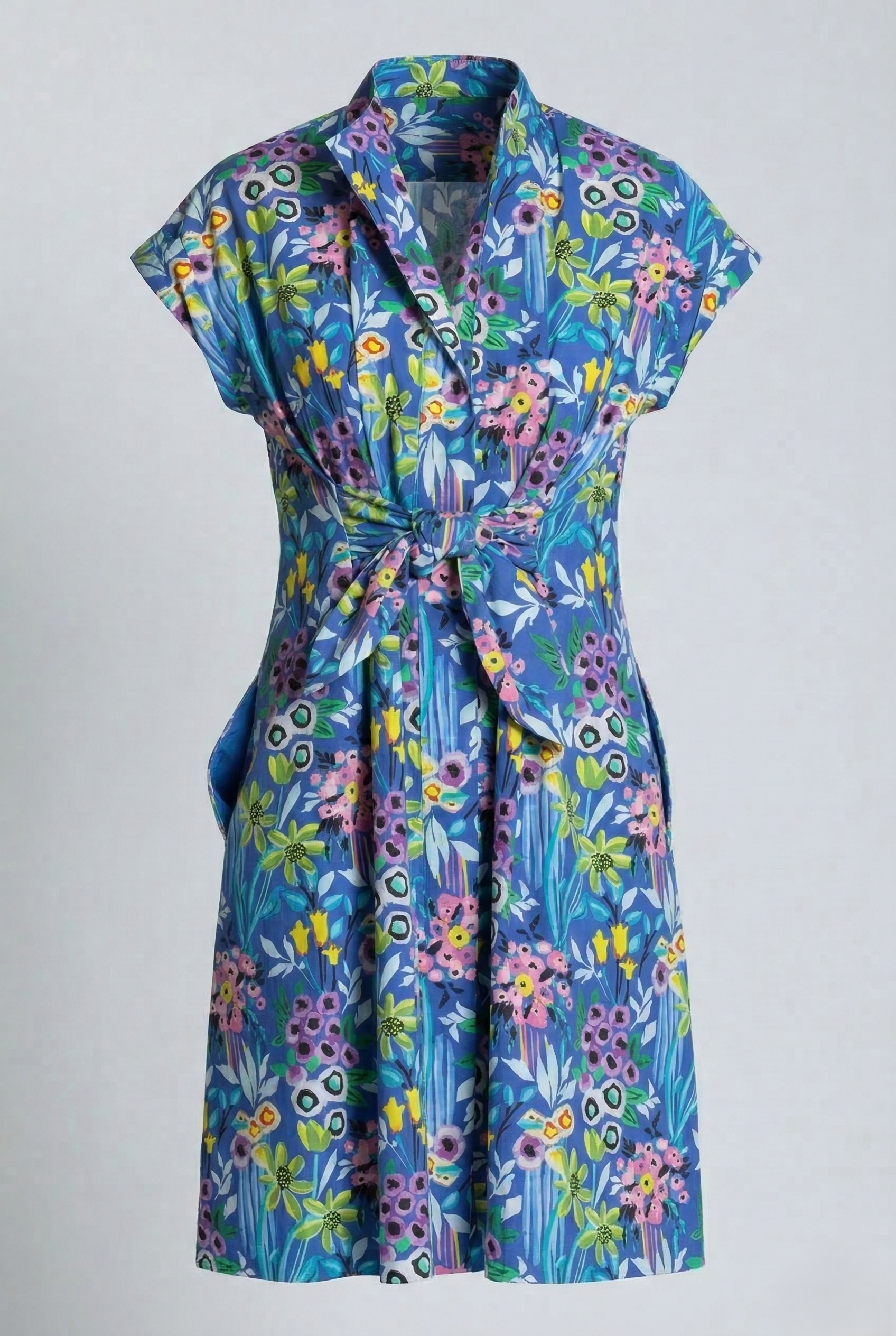 women's short sleeve shirt dress Short Sleeve Shirt Dress With Self Tie Abstract Bloom / M