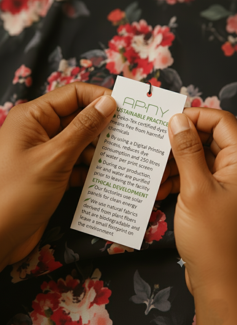 Person holding a 'APNY' label against a floral fabric background