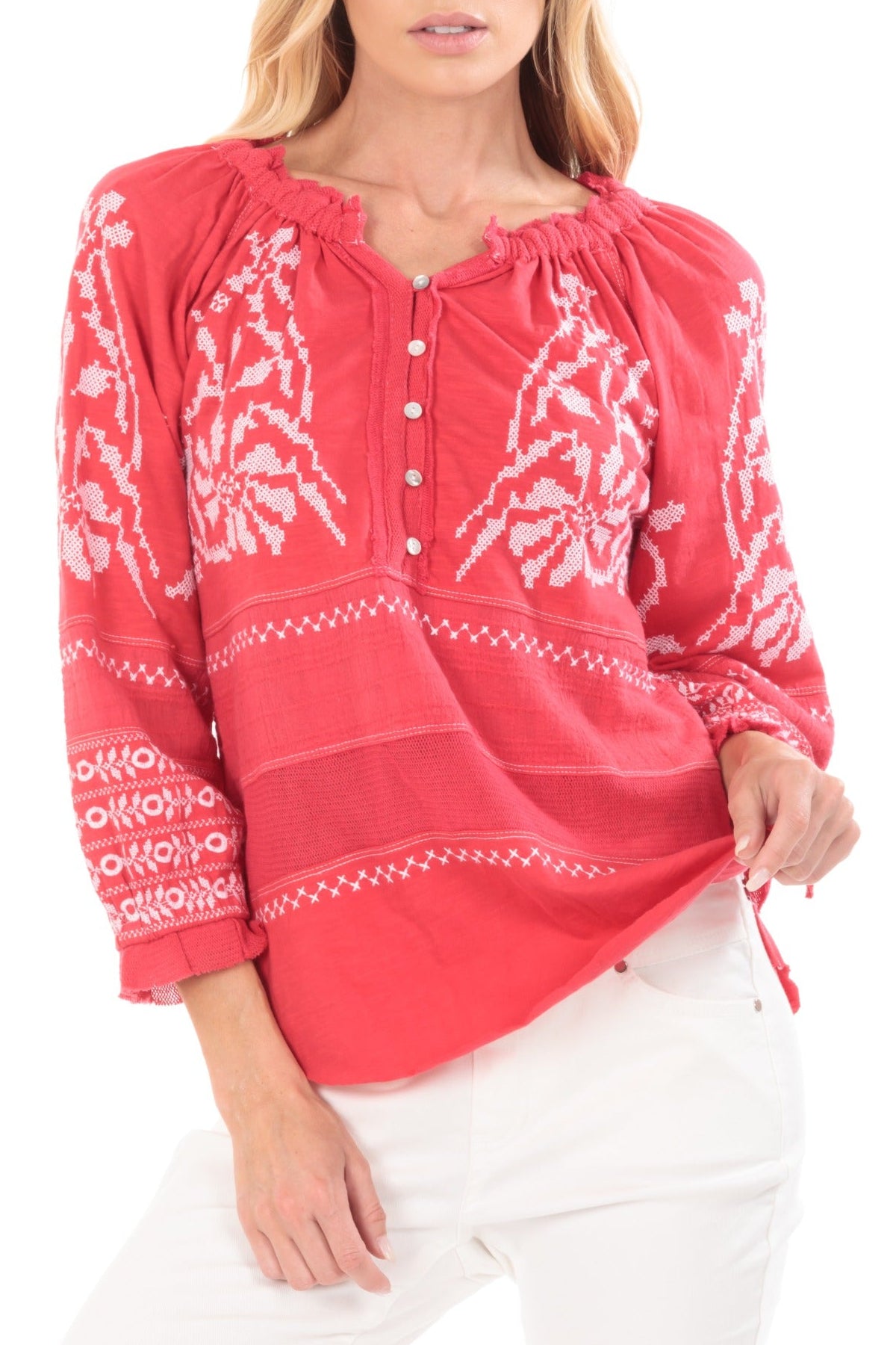 Embroidered Mix Media Peasant Top-Geranium Front APNY