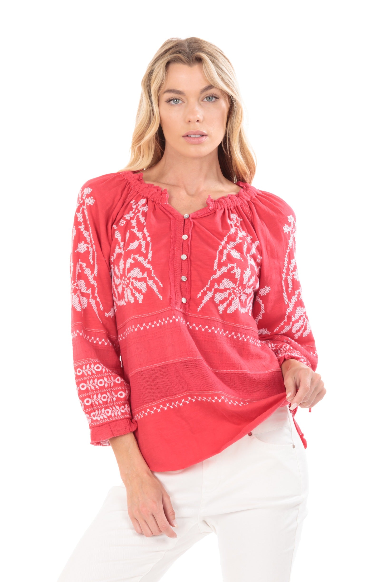 Embroidered Mix Media Peasant Top-Geranium Front APNY