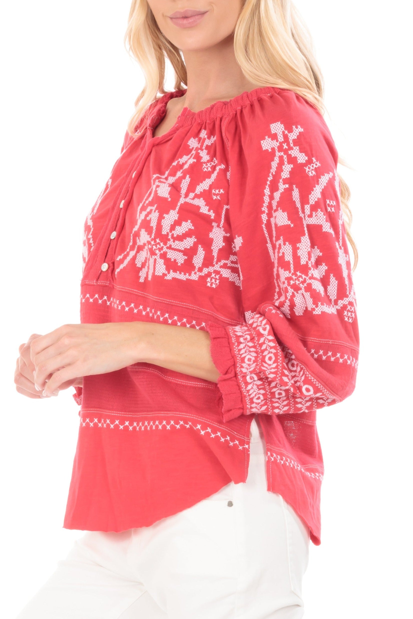 Embroidered Mix Media Peasant Top-Geranium Side APNY