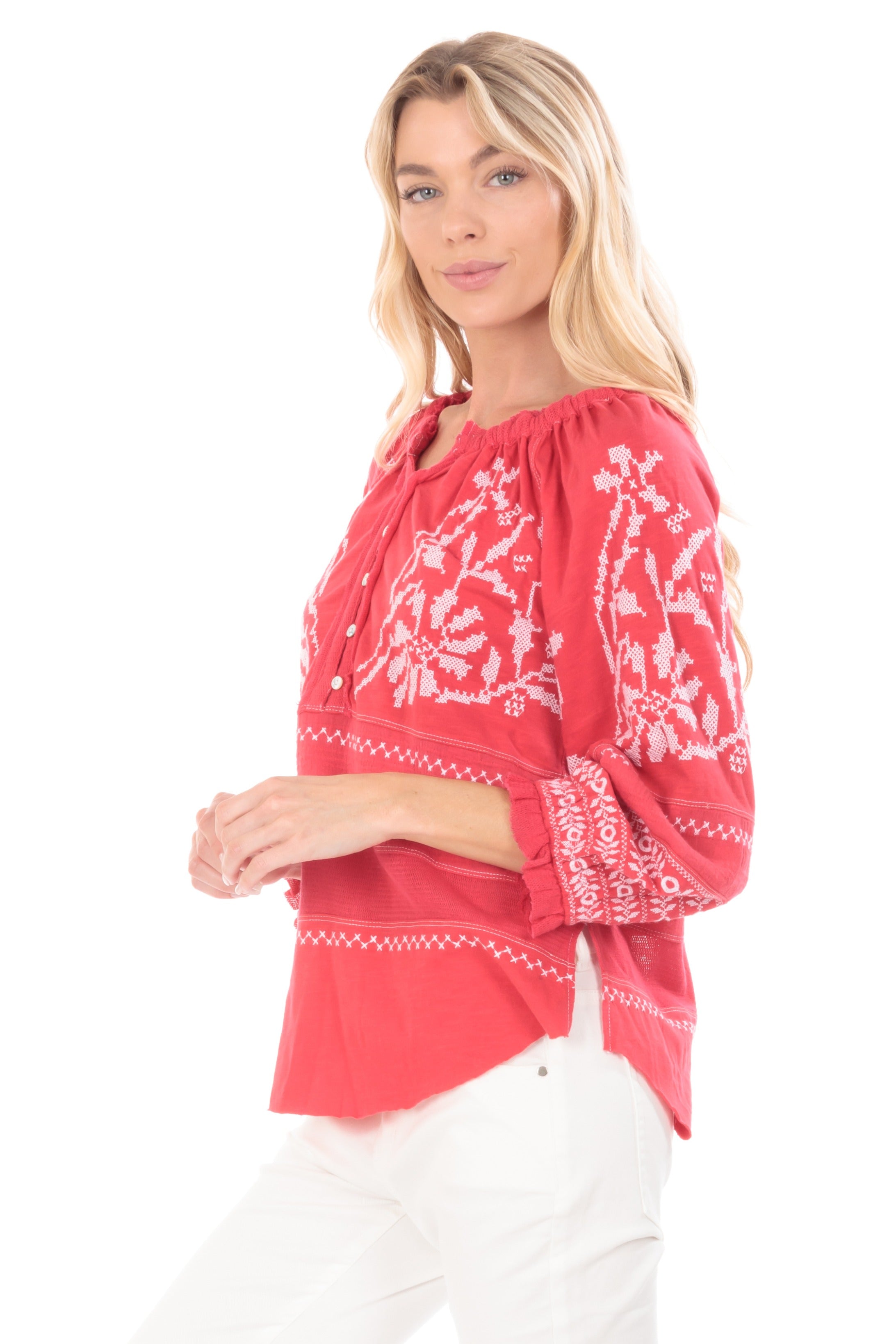 Embroidered Mix Media Peasant Top-Geranium Side APNY