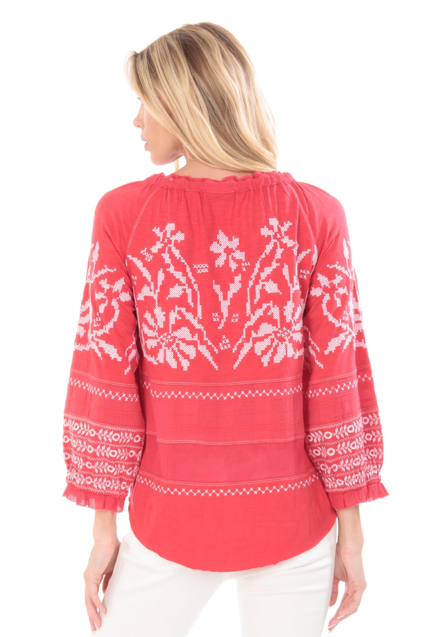 Embroidered Mix Media Peasant Top-Geranium Back APNY