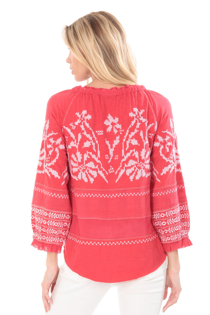 Embroidered Mix Media Peasant Top-Geranium Back APNY