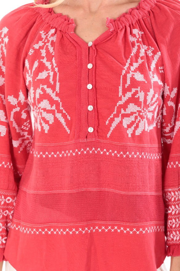 Embroidered Mix Media Peasant Top-Geranium Neck APNY