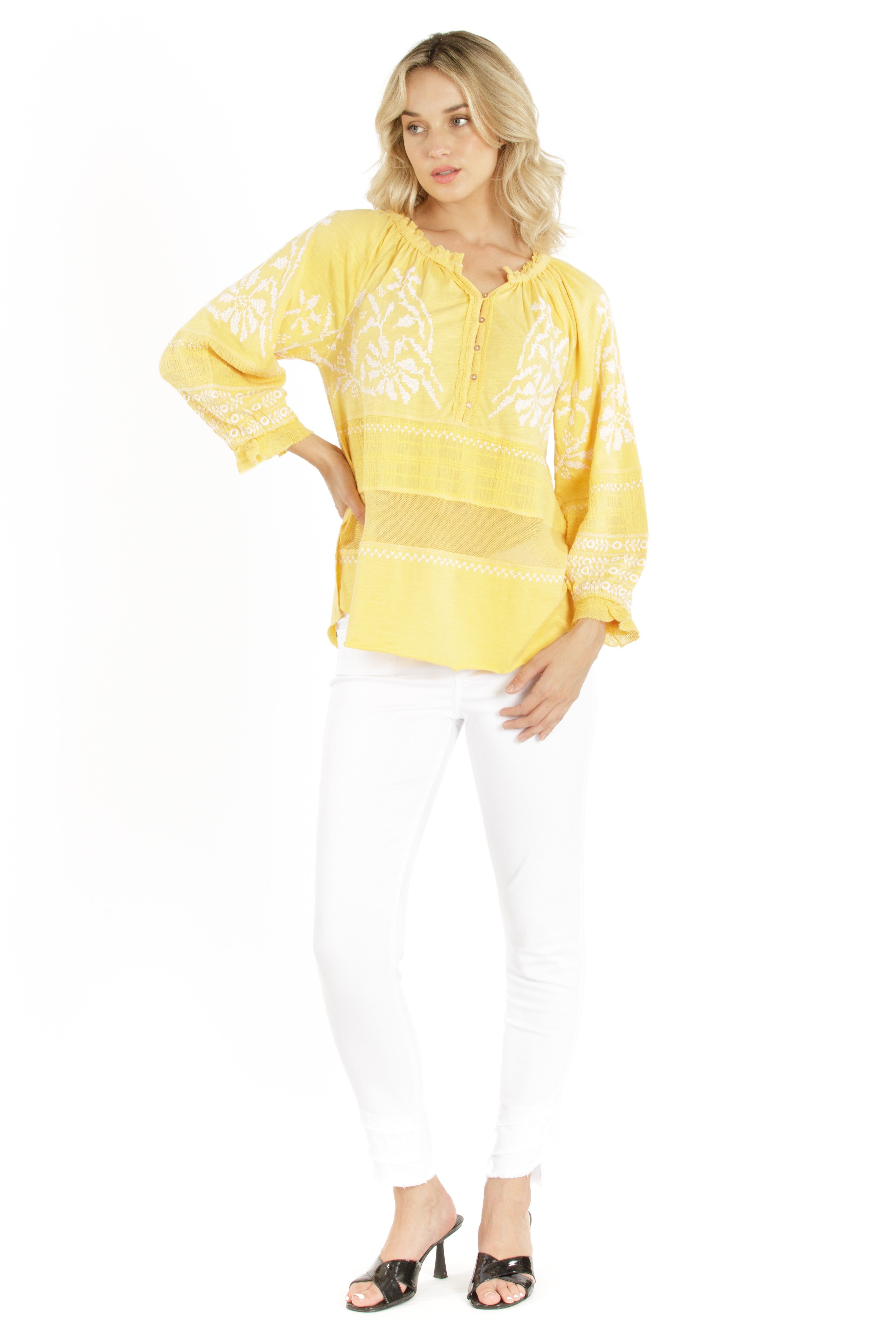 Embroidered Mix Media Peasant Top - Primrose Yellow Full APNY