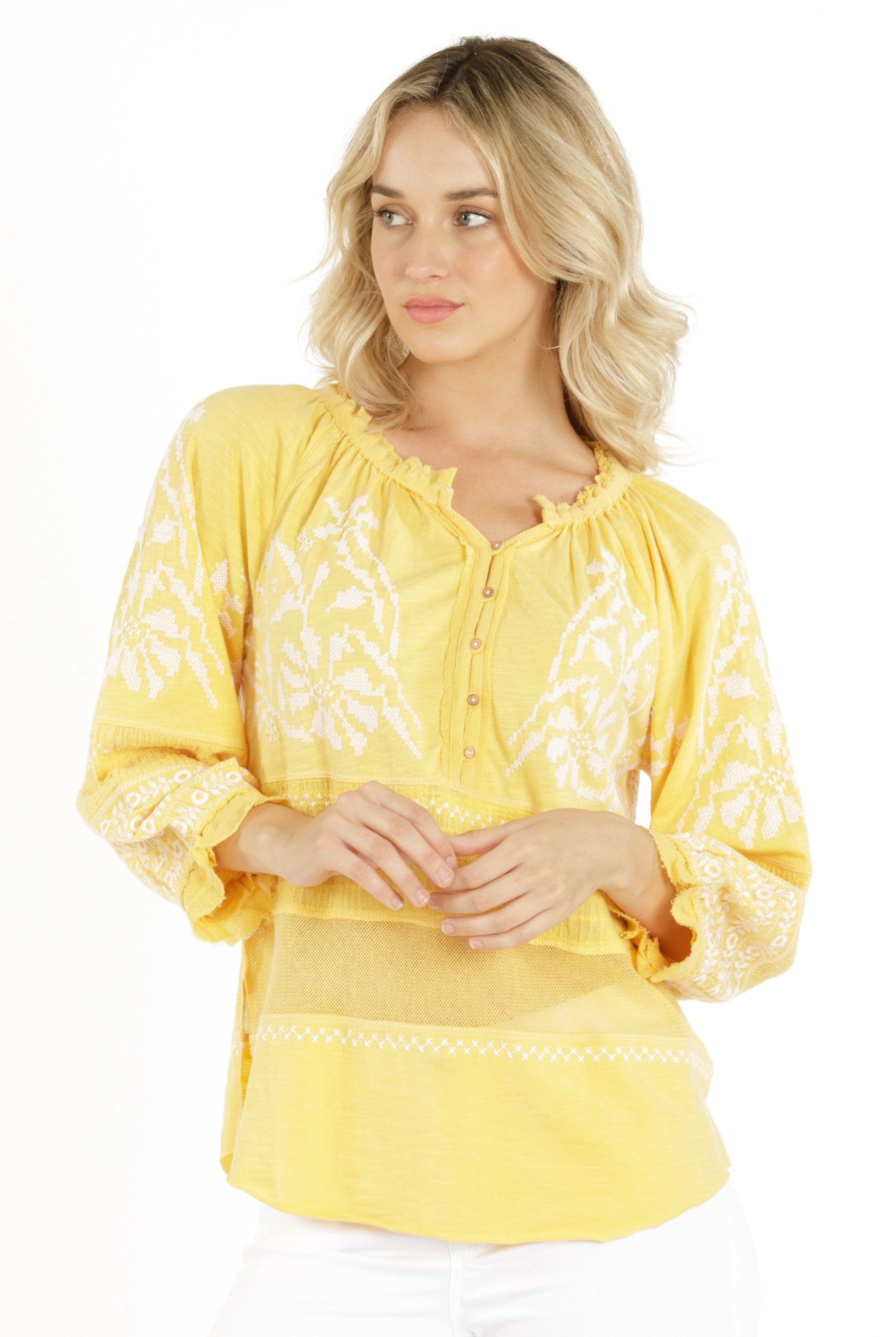 Embroidered Mix Media Peasant Top - Primrose Yellow Front APNY