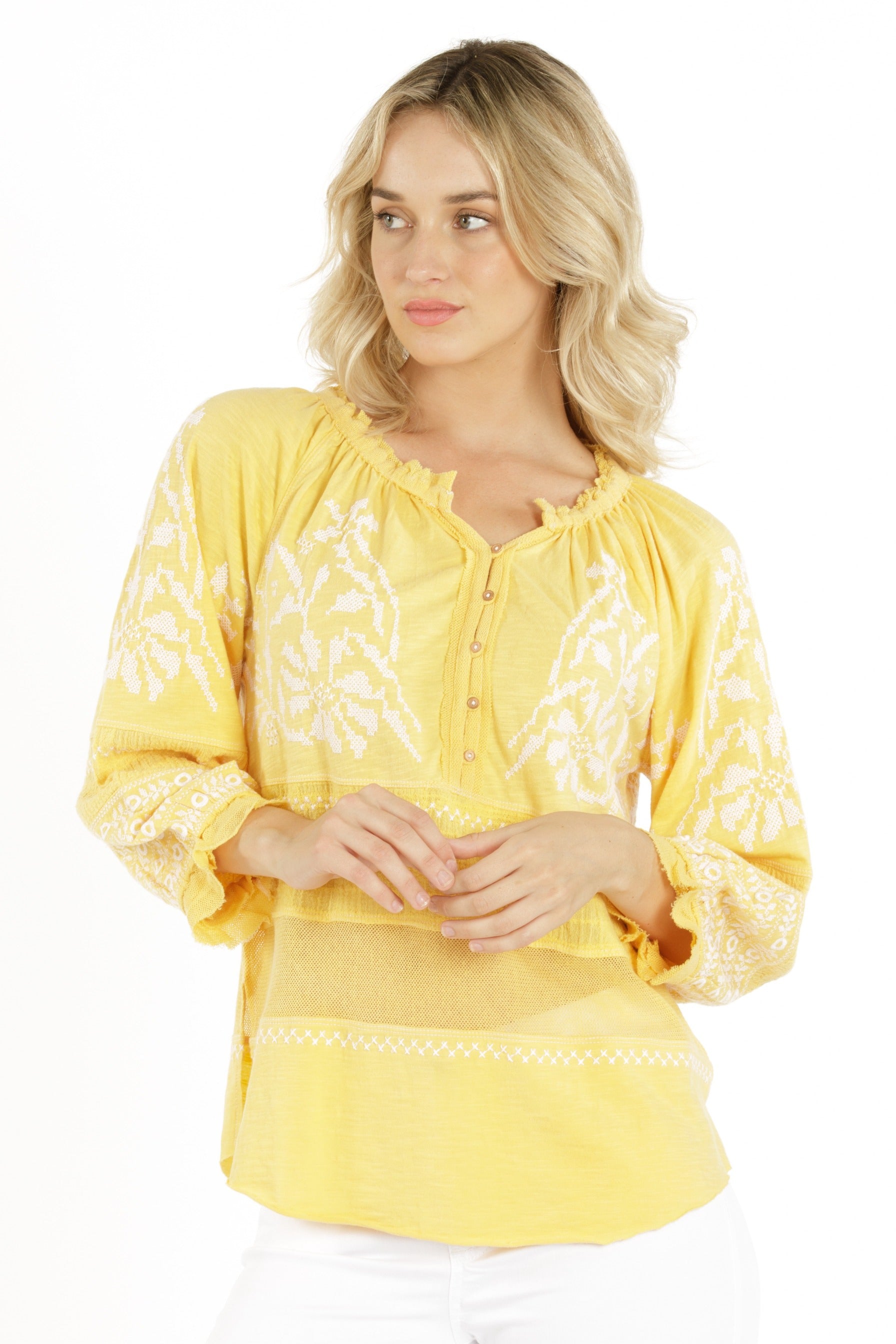 Embroidered Mix Media Peasant Top - Primrose Yellow Front APNY